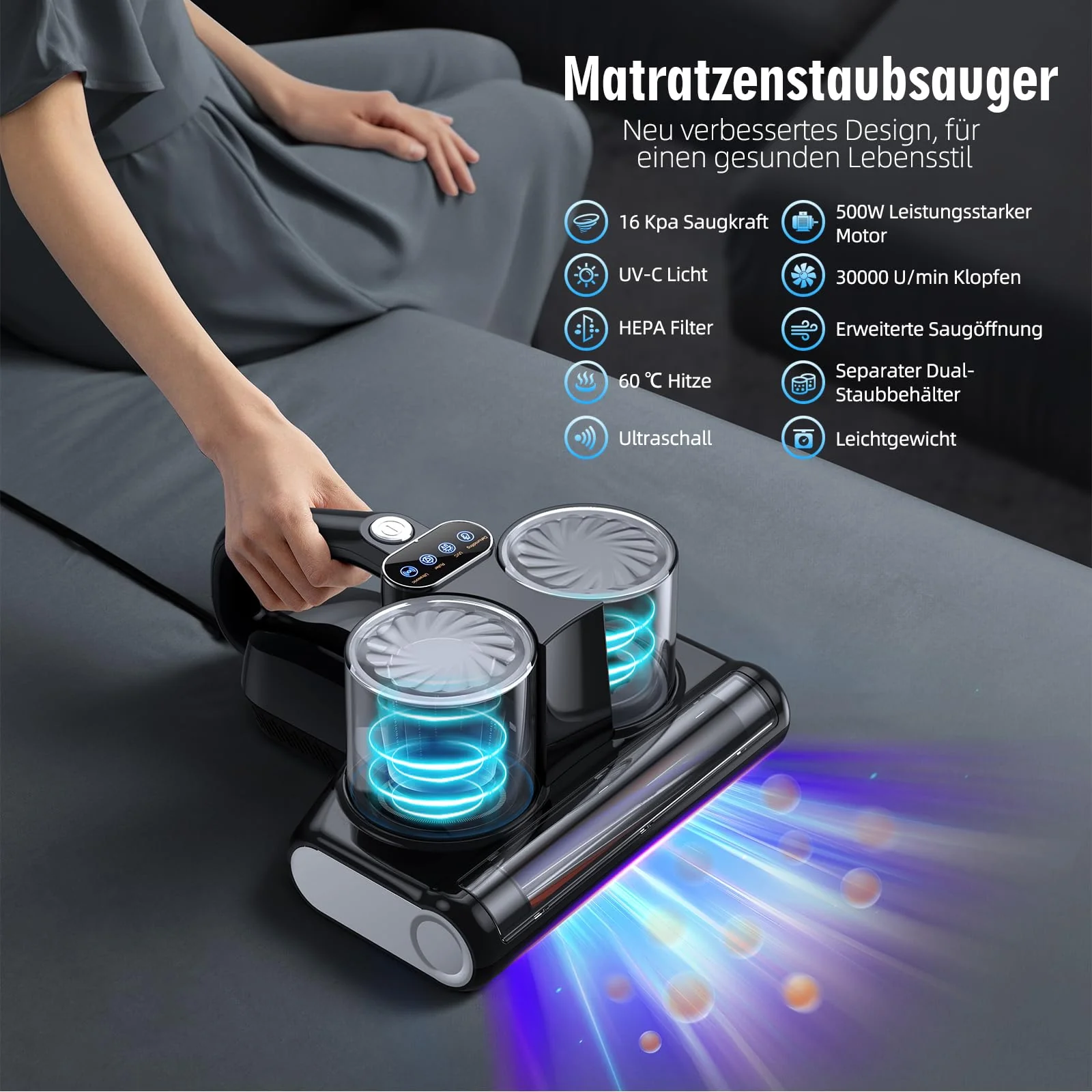 JPHYLL Milbensauger für Matratzen Milbenstaubsauger mit 253,7nm UV-Licht 16Kpa Absaugung Bürstenwalzenklopfen HEPA Filter Ultraschall Heißer Wind Bett-Staubsauger Verbreiterte Saugöffnung Schwarz - Image 3