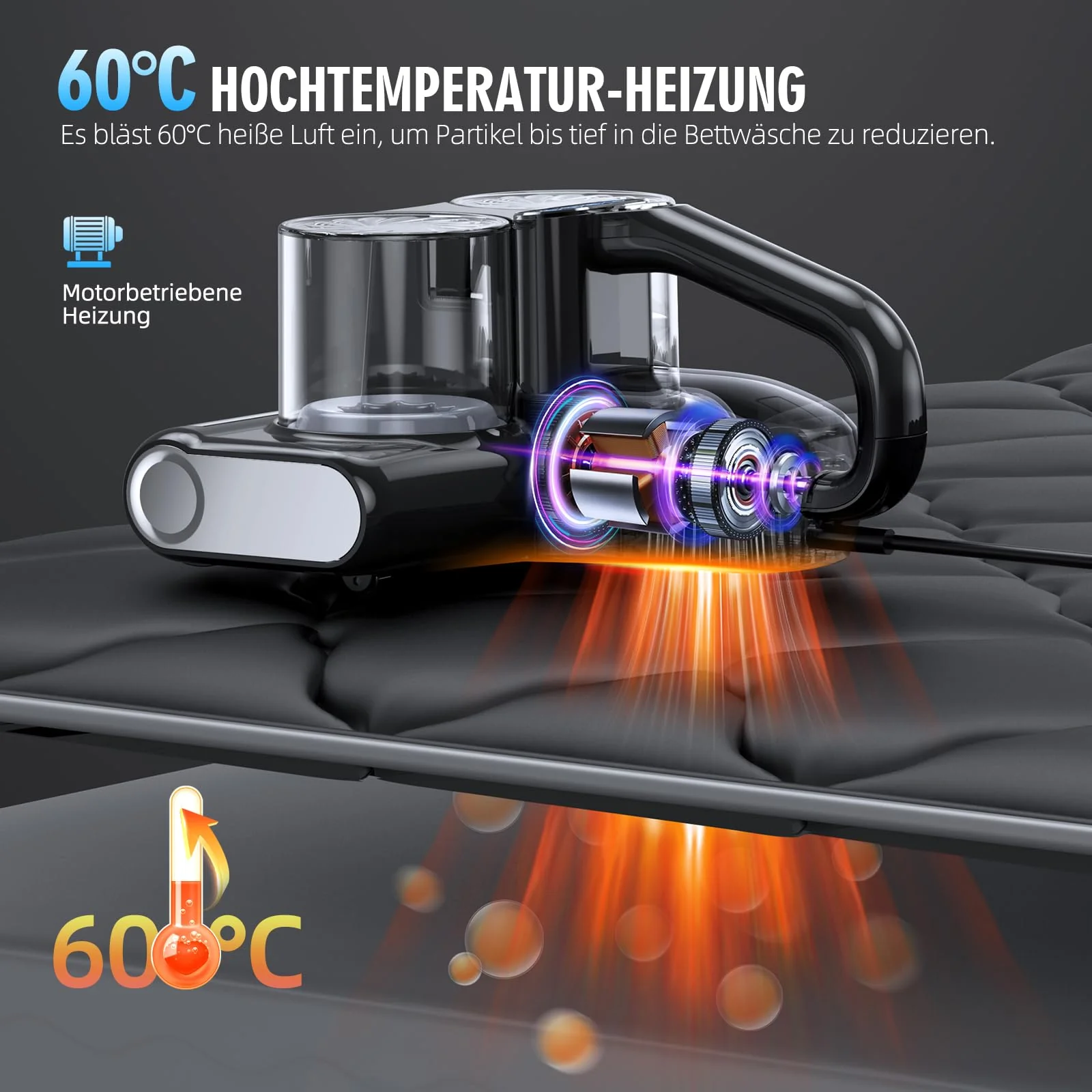JPHYLL Milbensauger für Matratzen Milbenstaubsauger mit 253,7nm UV-Licht 16Kpa Absaugung Bürstenwalzenklopfen HEPA Filter Ultraschall Heißer Wind Bett-Staubsauger Verbreiterte Saugöffnung Schwarz - Image 5