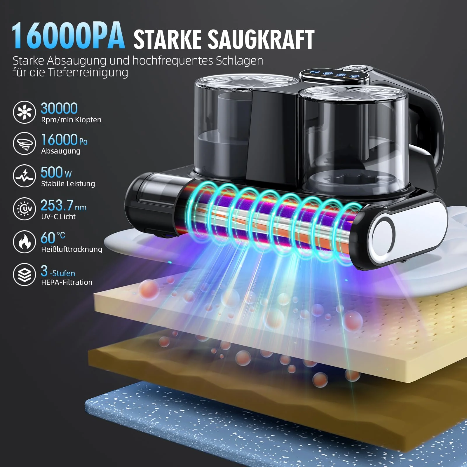 JPHYLL Milbensauger für Matratzen Milbenstaubsauger mit 253,7nm UV-Licht 16Kpa Absaugung Bürstenwalzenklopfen HEPA Filter Ultraschall Heißer Wind Bett-Staubsauger Verbreiterte Saugöffnung Schwarz - Image 6