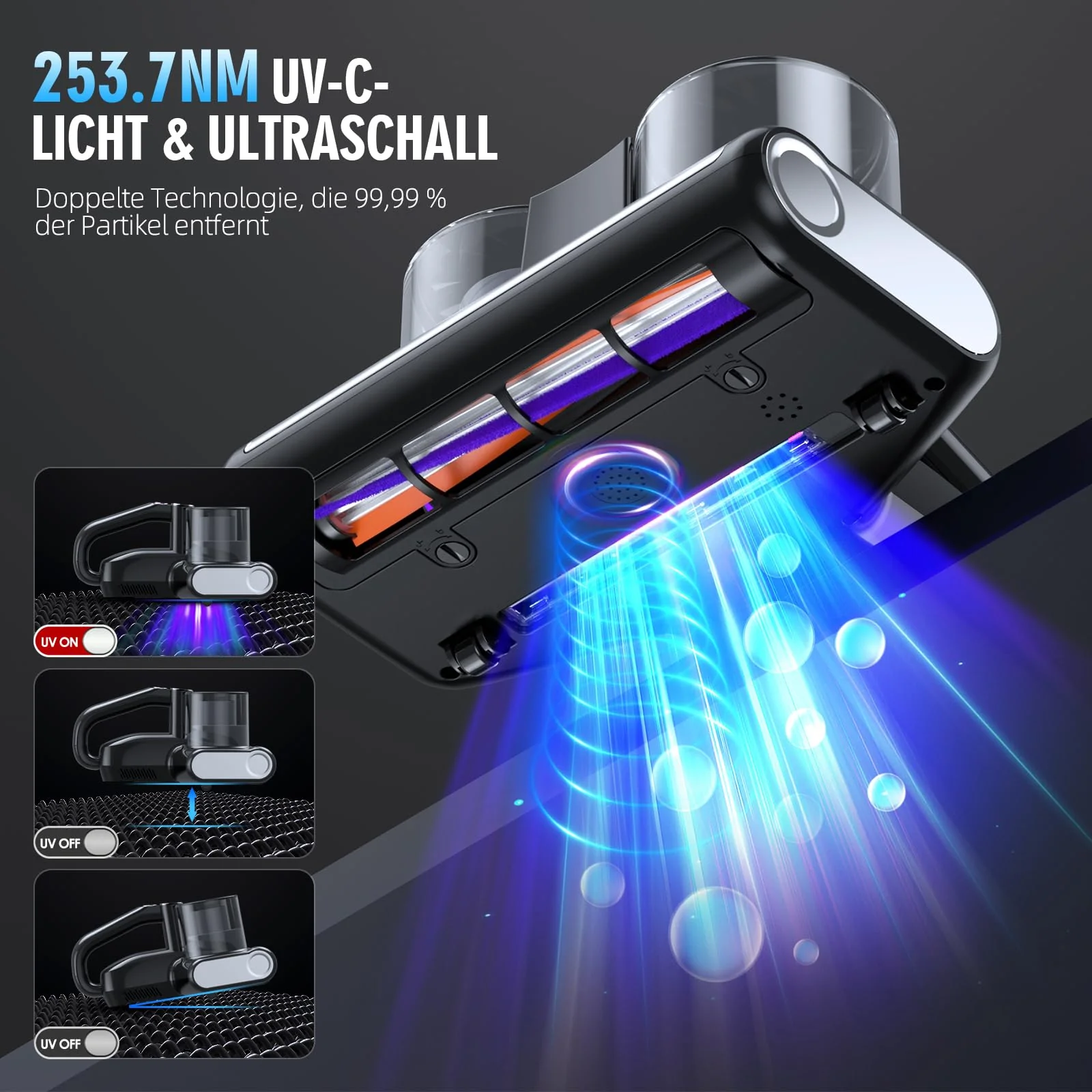 JPHYLL Milbensauger für Matratzen Milbenstaubsauger mit 253,7nm UV-Licht 16Kpa Absaugung Bürstenwalzenklopfen HEPA Filter Ultraschall Heißer Wind Bett-Staubsauger Verbreiterte Saugöffnung Schwarz - Image 7
