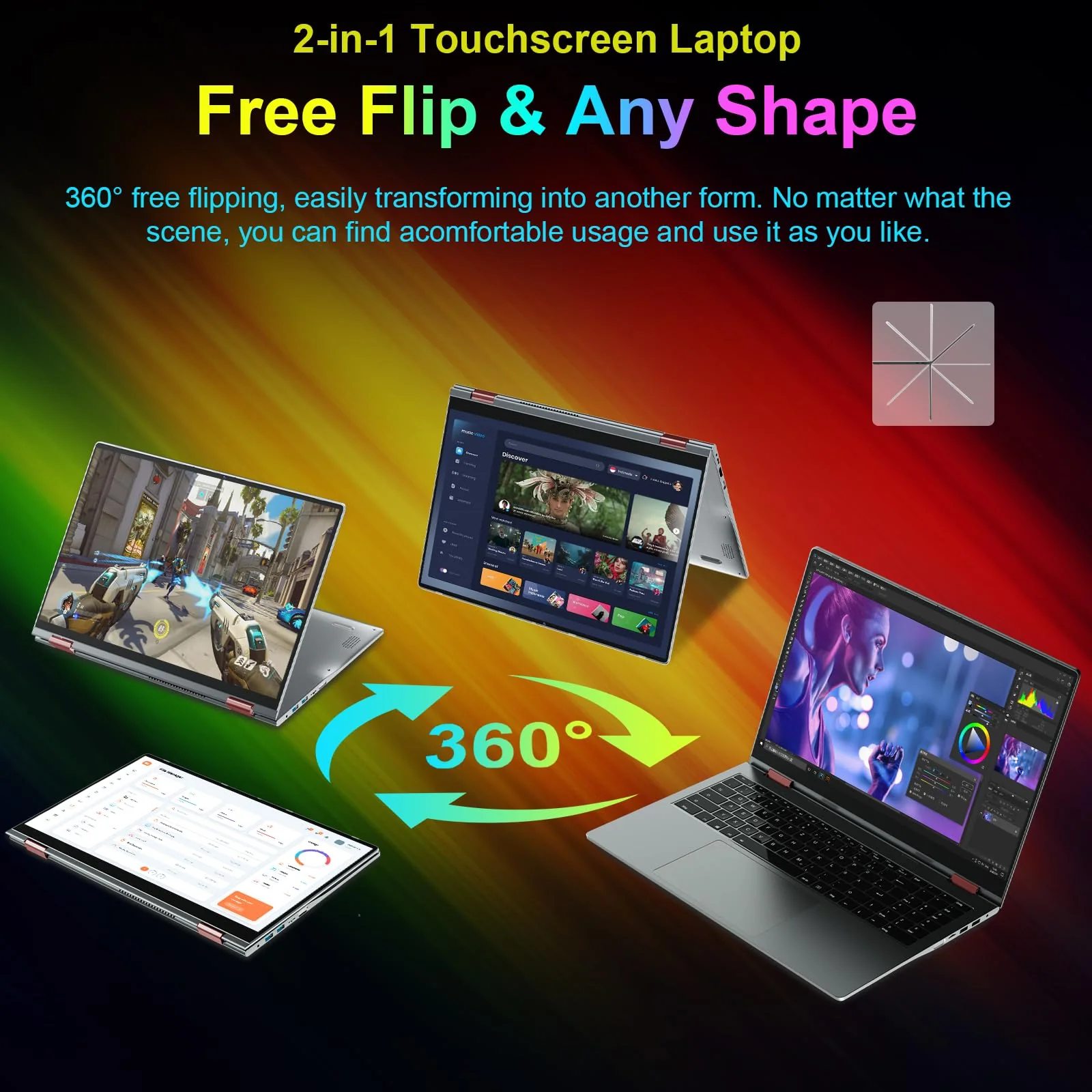 jumper Regenbogen Laptop 16 Zoll, 2 in 1 Convertible Pride Laptops, 16GB DDR4 640GB ROM Notebook, 1 Jahr Office 365, Fingerabdruckleser, QWERTZ Tastatur mit Hintergrundbeleuchtung, WiFi 6, 53.2WH - Image 7