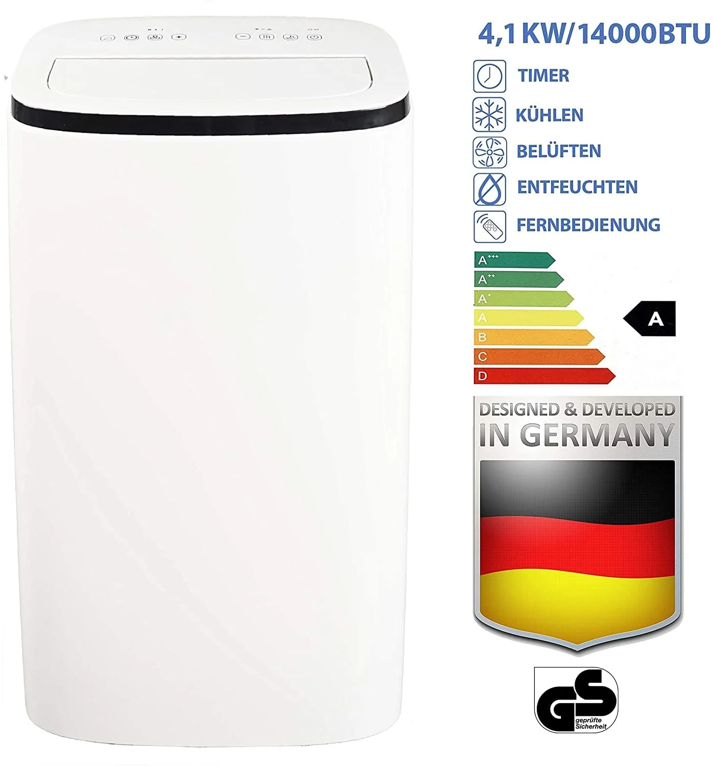 Jung AIR TV07 mobile Klimaanlage mit Fernbedienung, 4,1 KW, 14000BTU, 60dB, 24h-Timer, Entfeuchtungsfunktion, Klimagerät Mobil mit Abluftschlauch, Energieklasse A, 140m³ Raum Kühlung, Weiss