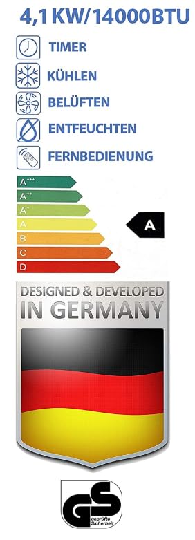 Jung AIR TV07 mobile Klimaanlage mit Fernbedienung, 4,1 KW, 14000BTU, 60dB, 24h-Timer, Entfeuchtungsfunktion, Klimagerät Mobil mit Abluftschlauch, Energieklasse A, 140m³ Raum Kühlung, Weiss - Image 5