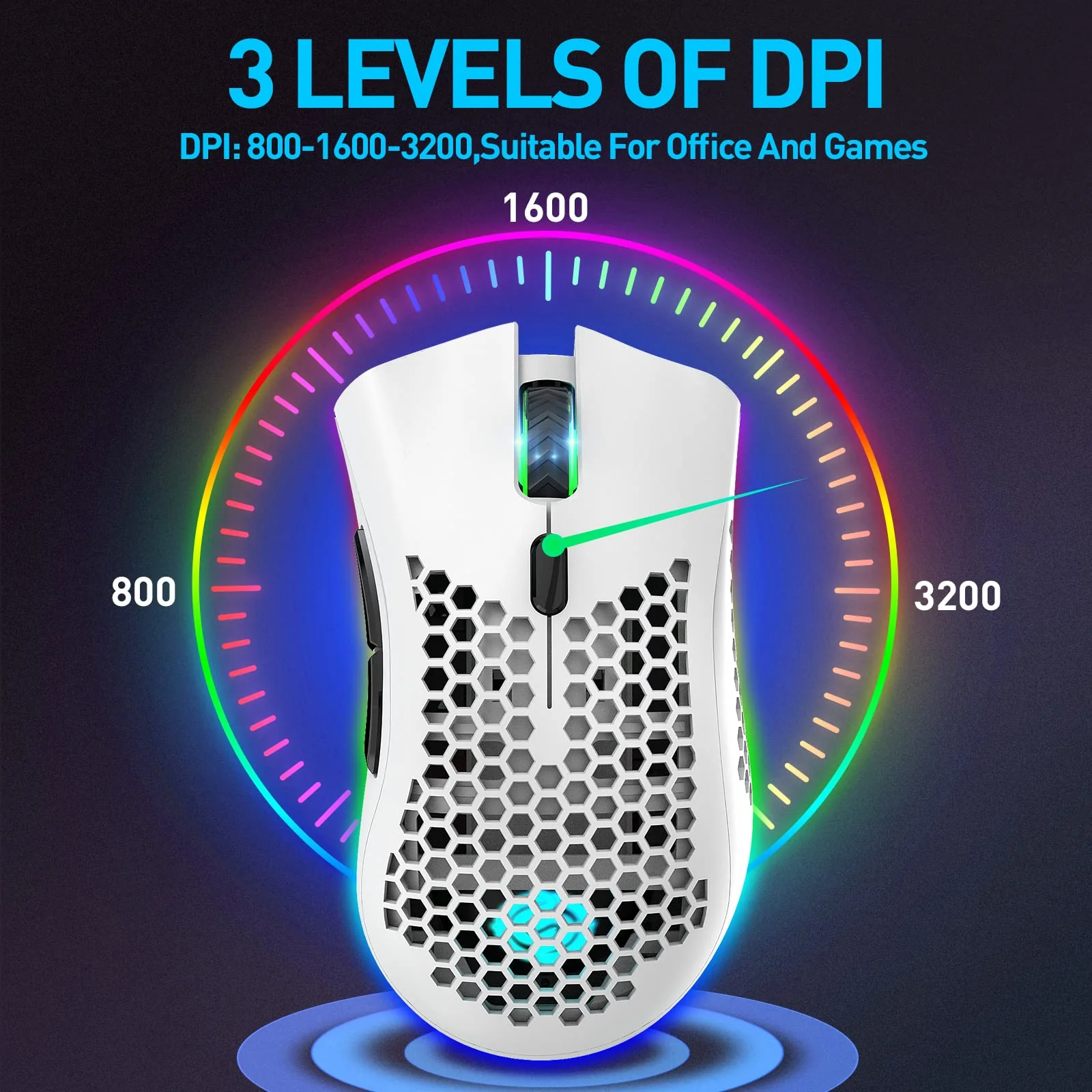 JYCSTE Bluetooth Gaming Maus, Light Honeycomb Maus mit RGB Hintergrundbeleuchtung, einstellbare DPI, Bluetooth 2.4G Wireless Rechargeable Ergonomic Optical Sensor Mouse (Dual Mode-White) - Image 3