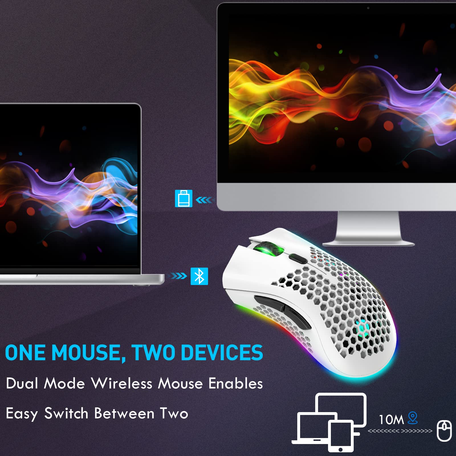JYCSTE Bluetooth Gaming Maus, Light Honeycomb Maus mit RGB Hintergrundbeleuchtung, einstellbare DPI, Bluetooth 2.4G Wireless Rechargeable Ergonomic Optical Sensor Mouse (Dual Mode-White) - Image 8