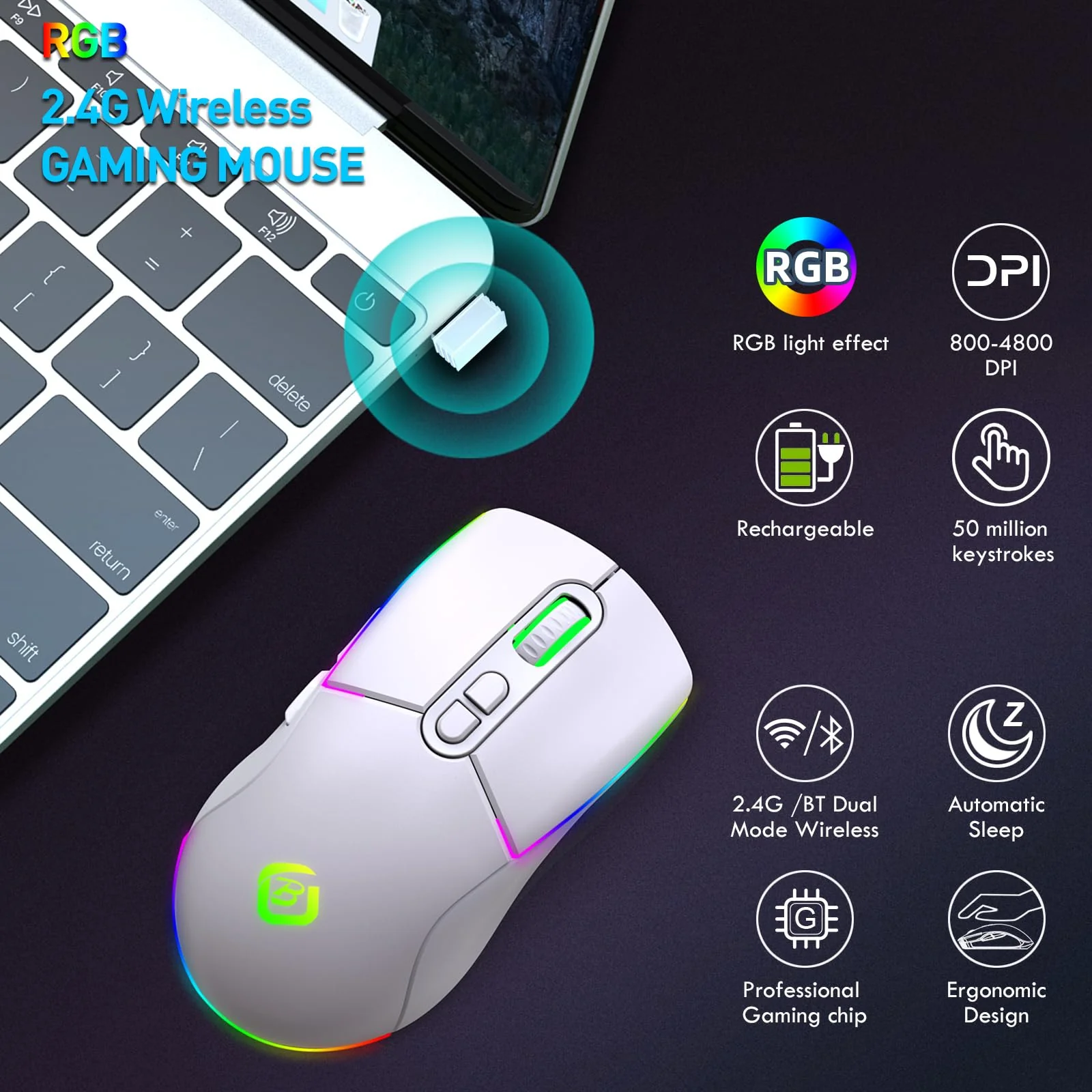 JYCSTE Kabellose Gaming Maus, Dual Mode 2.4GHz/Bluetooth 5.1 Maus Gaming, RGB LED Hintergrundbeleuchtung, Ergonomische Maus mit 6 Tasten, Wiederaufladbare Computer Maus für PC, Mac, Laptop (weiß) - Image 4