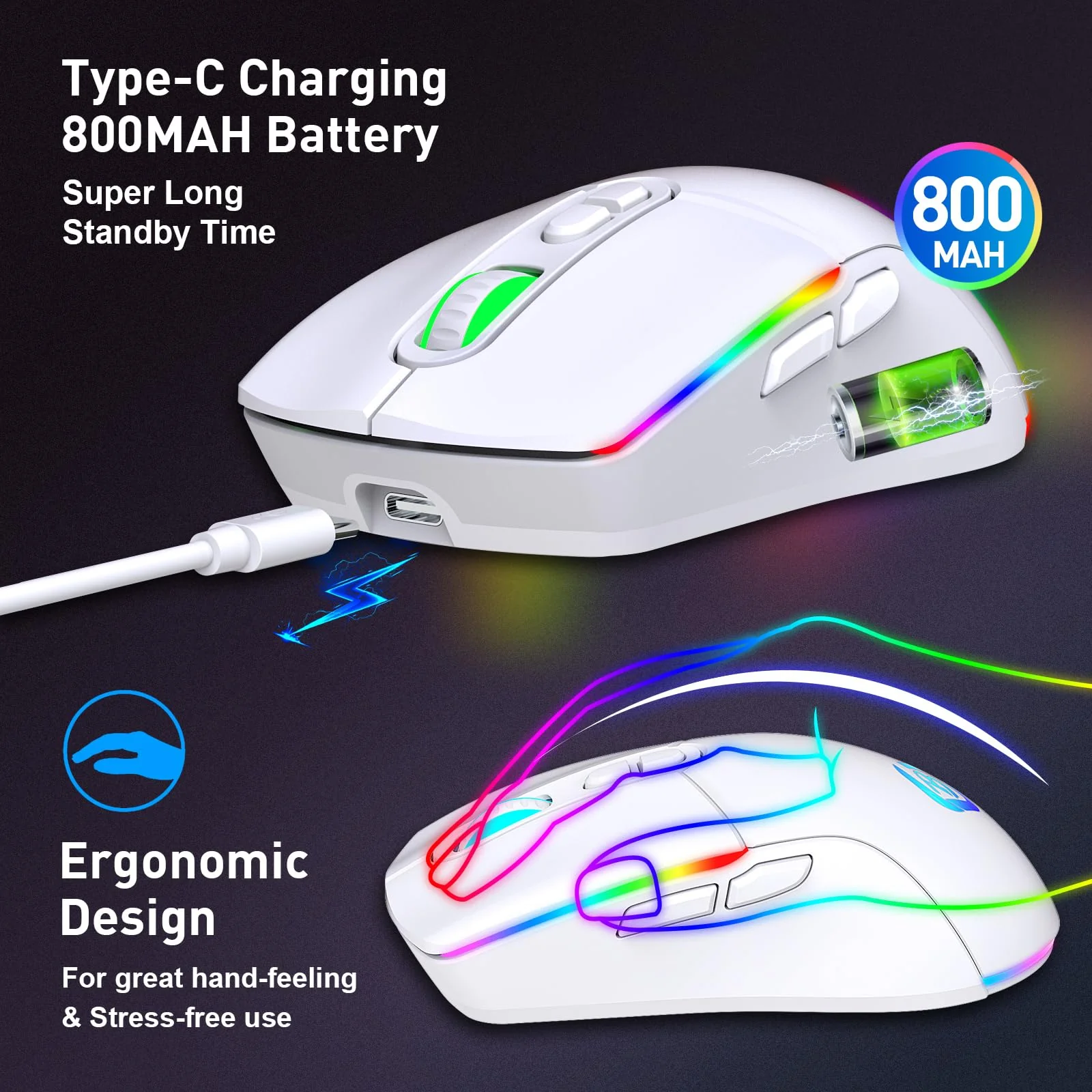 JYCSTE Kabellose Gaming Maus, Dual Mode 2.4GHz/Bluetooth 5.1 Maus Gaming, RGB LED Hintergrundbeleuchtung, Ergonomische Maus mit 6 Tasten, Wiederaufladbare Computer Maus für PC, Mac, Laptop (weiß) - Image 5
