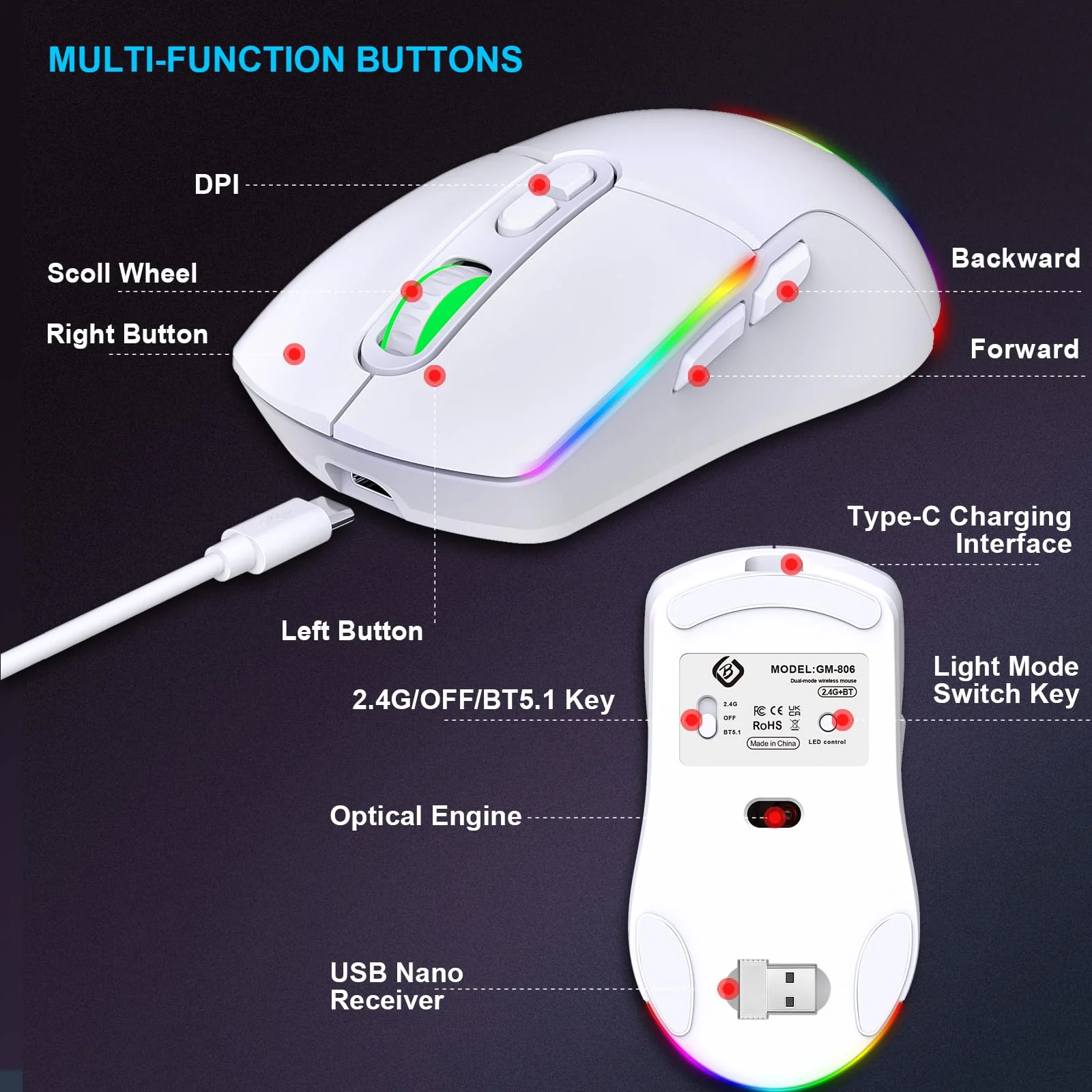 JYCSTE Kabellose Gaming Maus, Dual Mode 2.4GHz/Bluetooth 5.1 Maus Gaming, RGB LED Hintergrundbeleuchtung, Ergonomische Maus mit 6 Tasten, Wiederaufladbare Computer Maus für PC, Mac, Laptop (weiß) - Image 9