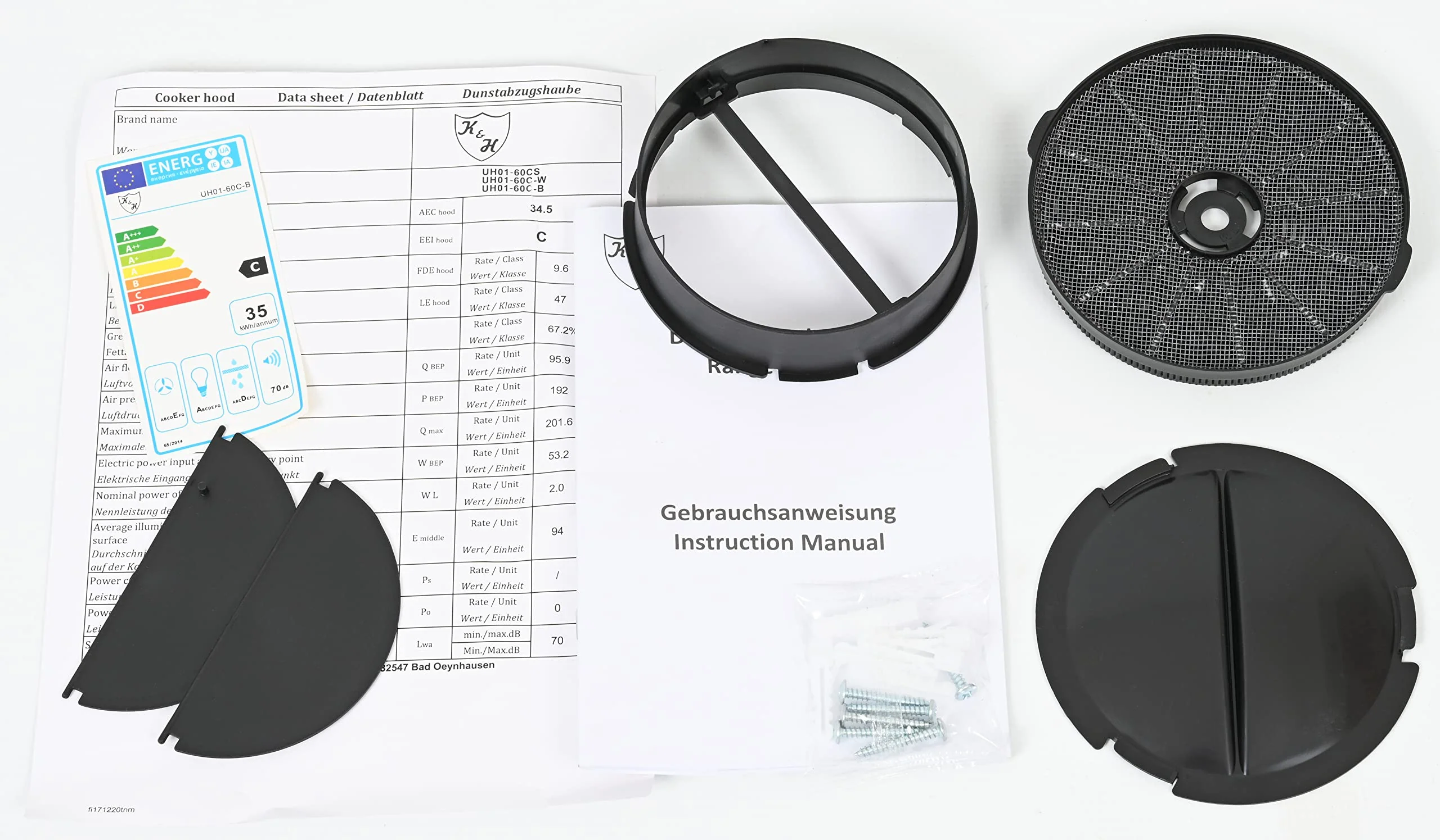 K&H Dunstabzugshaube 60cm, Unterbauhaube, LED, 200 m³/h, Energieklasse C, Metall-Fettfilter, UH01-60C-B (Schwarz)