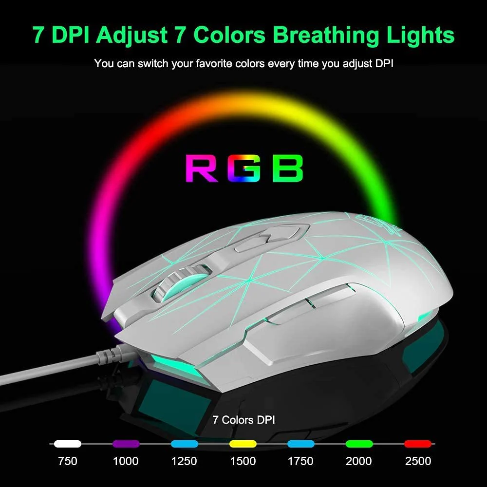 Kabelgebundene RGB Gaming Maus, 7 Tasten mit 2500 DPI, ergonomische LED-beleuchtete USB-Gamer-Mäuse Computer Laptop-PC, für Windows Mac OS Linux - Star Weiß - Image 10