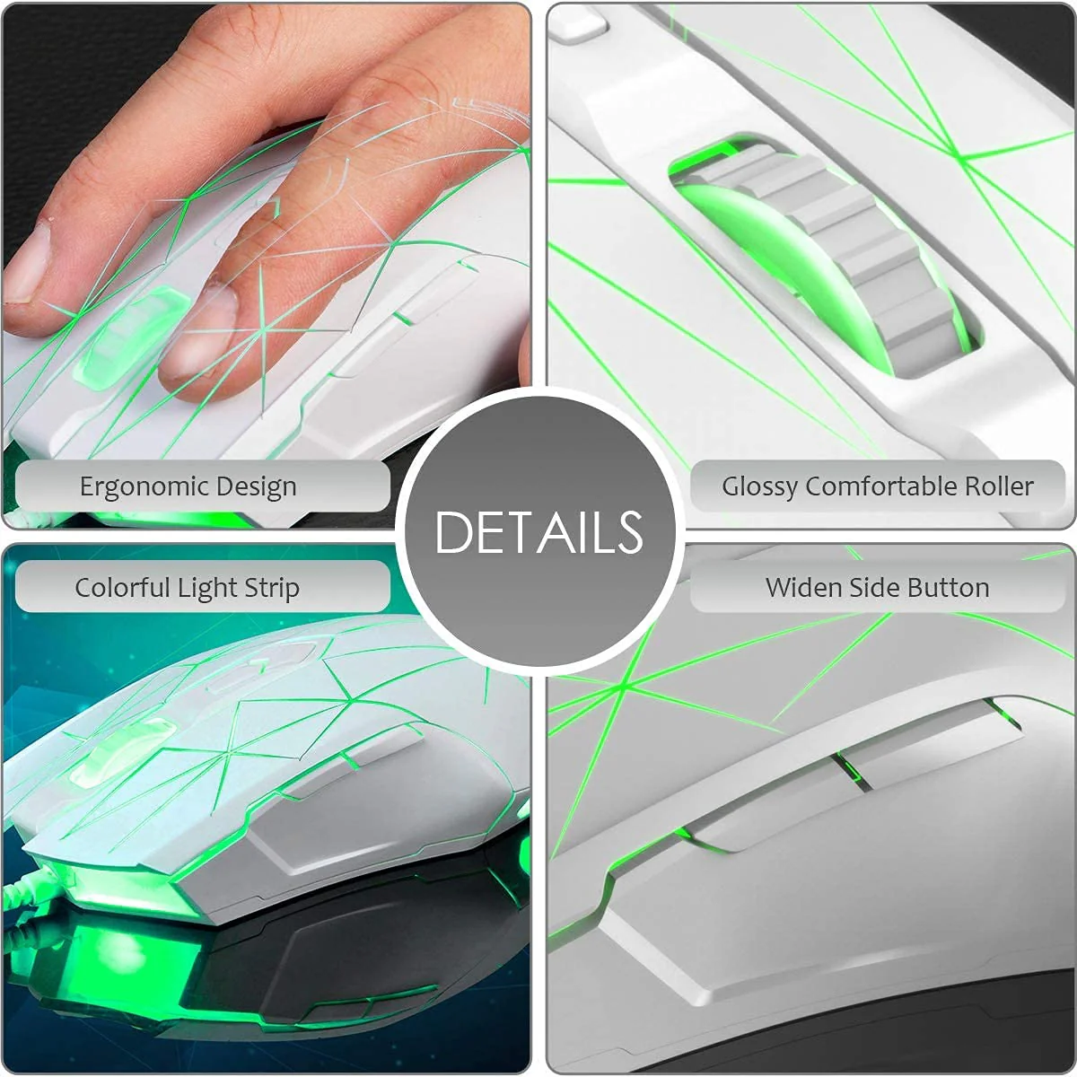 Kabelgebundene RGB Gaming Maus, 7 Tasten mit 2500 DPI, ergonomische LED-beleuchtete USB-Gamer-Mäuse Computer Laptop-PC, für Windows Mac OS Linux - Star Weiß - Image 9