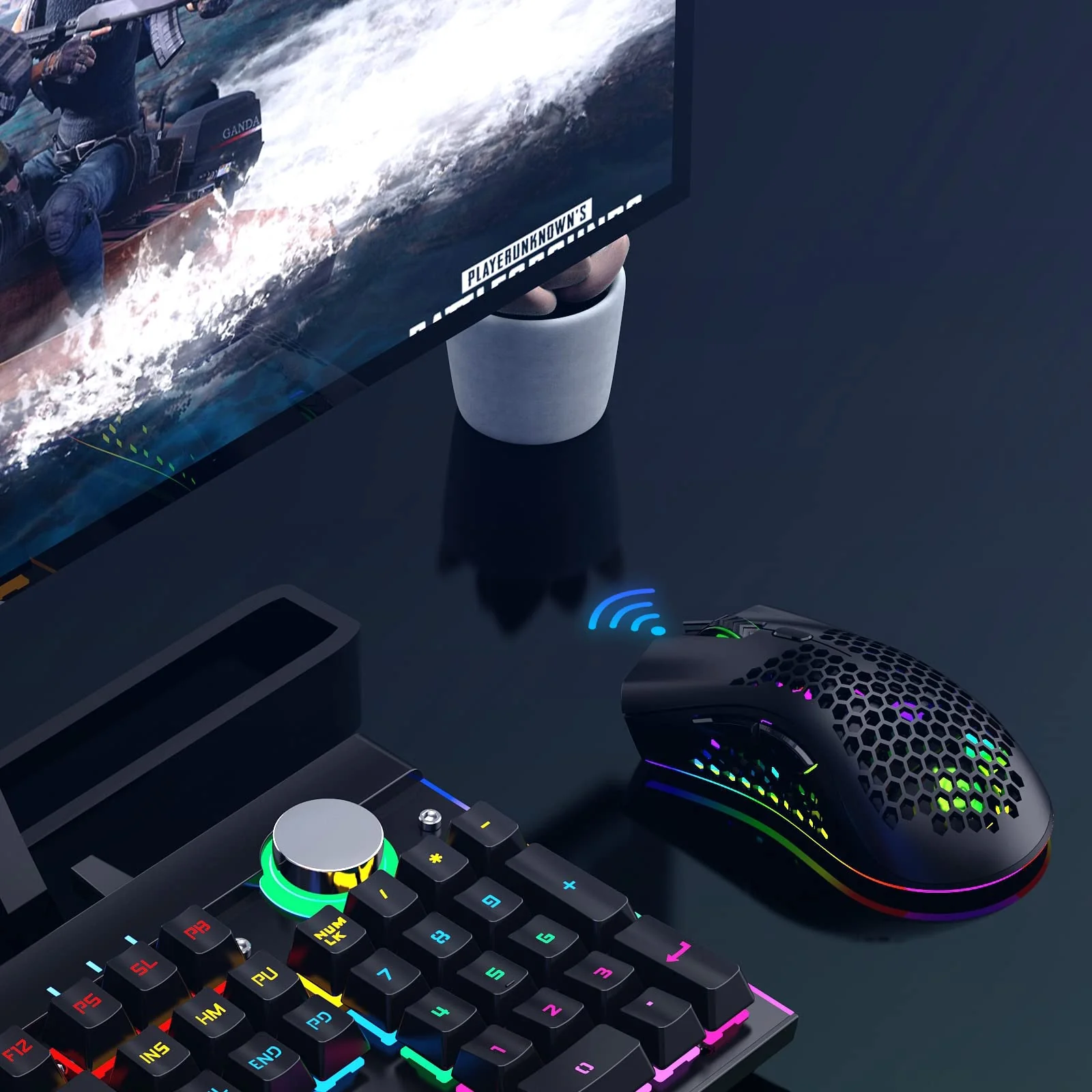 Kabellose Gaming Maus, Computermaus mit Wabenschale, 7 programmierte Tasten, 3 einstellbare DPI, USB-Empfänger, tragbare, ergonomische optische RGB- für Laptop PC/Mac, schwarz (Black)