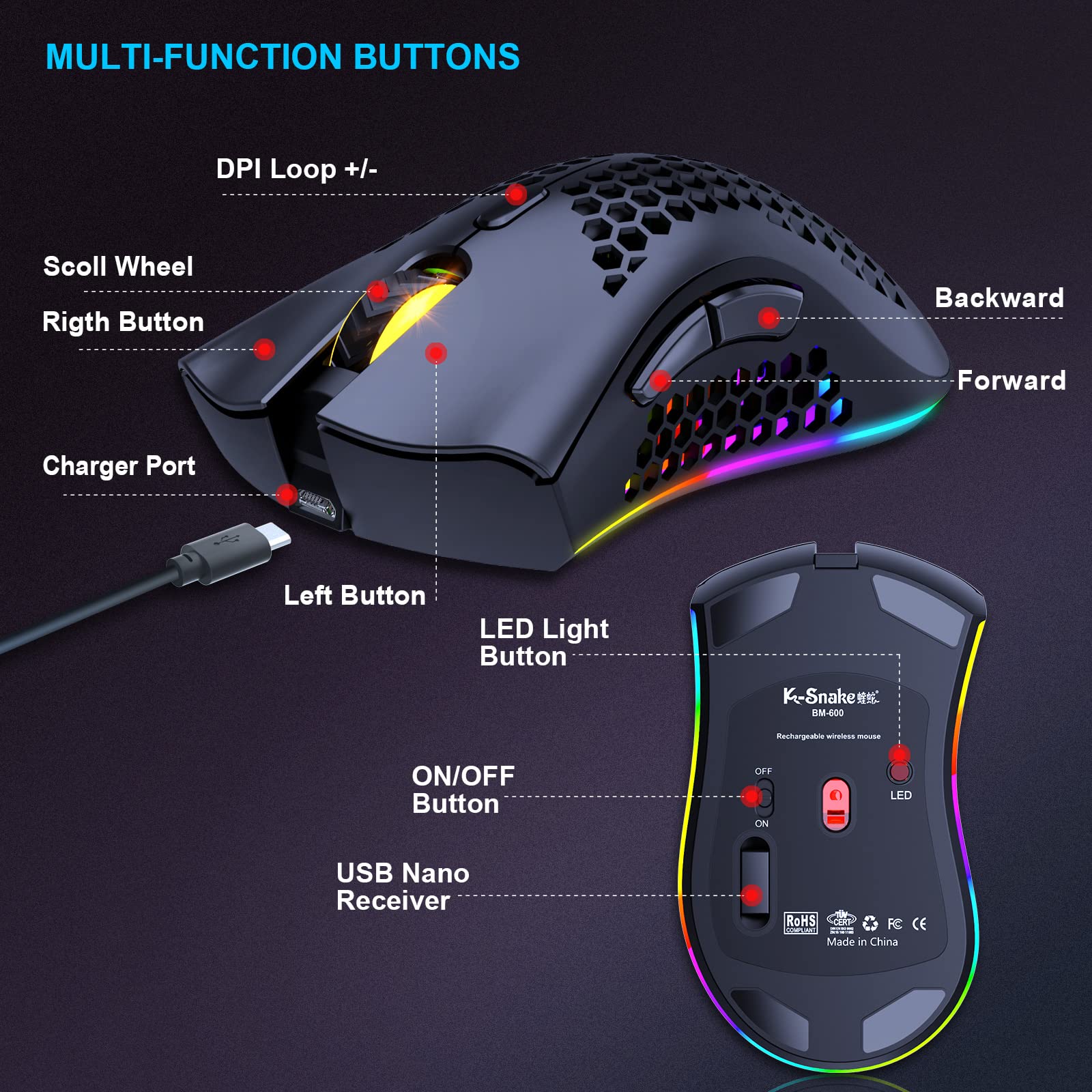 Kabellose Gaming Maus, Computermaus mit Wabenschale, 7 programmierte Tasten, 3 einstellbare DPI, USB-Empfänger, tragbare, ergonomische optische RGB- für Laptop PC/Mac, schwarz (Black) - Image 2
