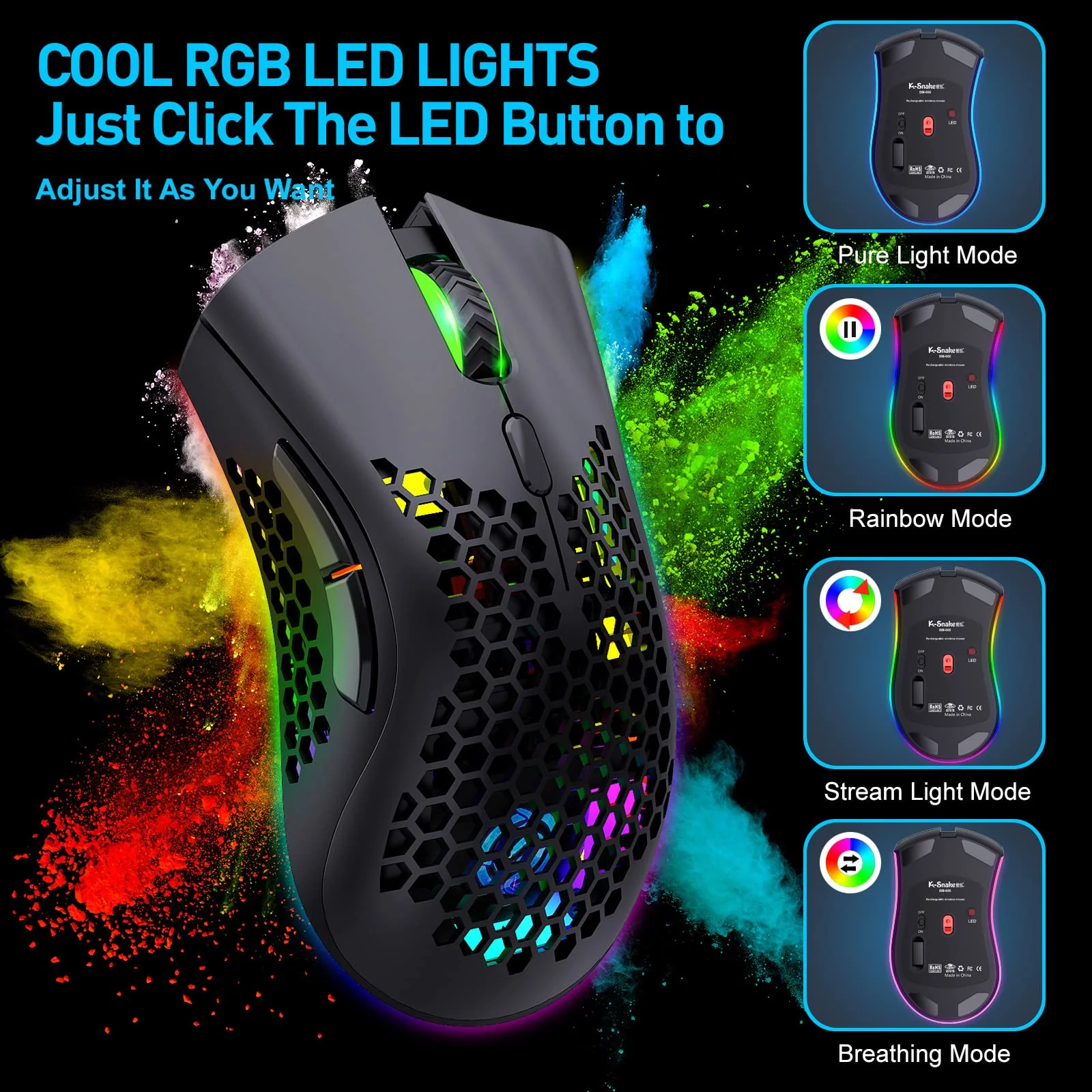 Kabellose Gaming Maus, Computermaus mit Wabenschale, 7 programmierte Tasten, 3 einstellbare DPI, USB-Empfänger, tragbare, ergonomische optische RGB- für Laptop PC/Mac, schwarz (Black) - Image 3