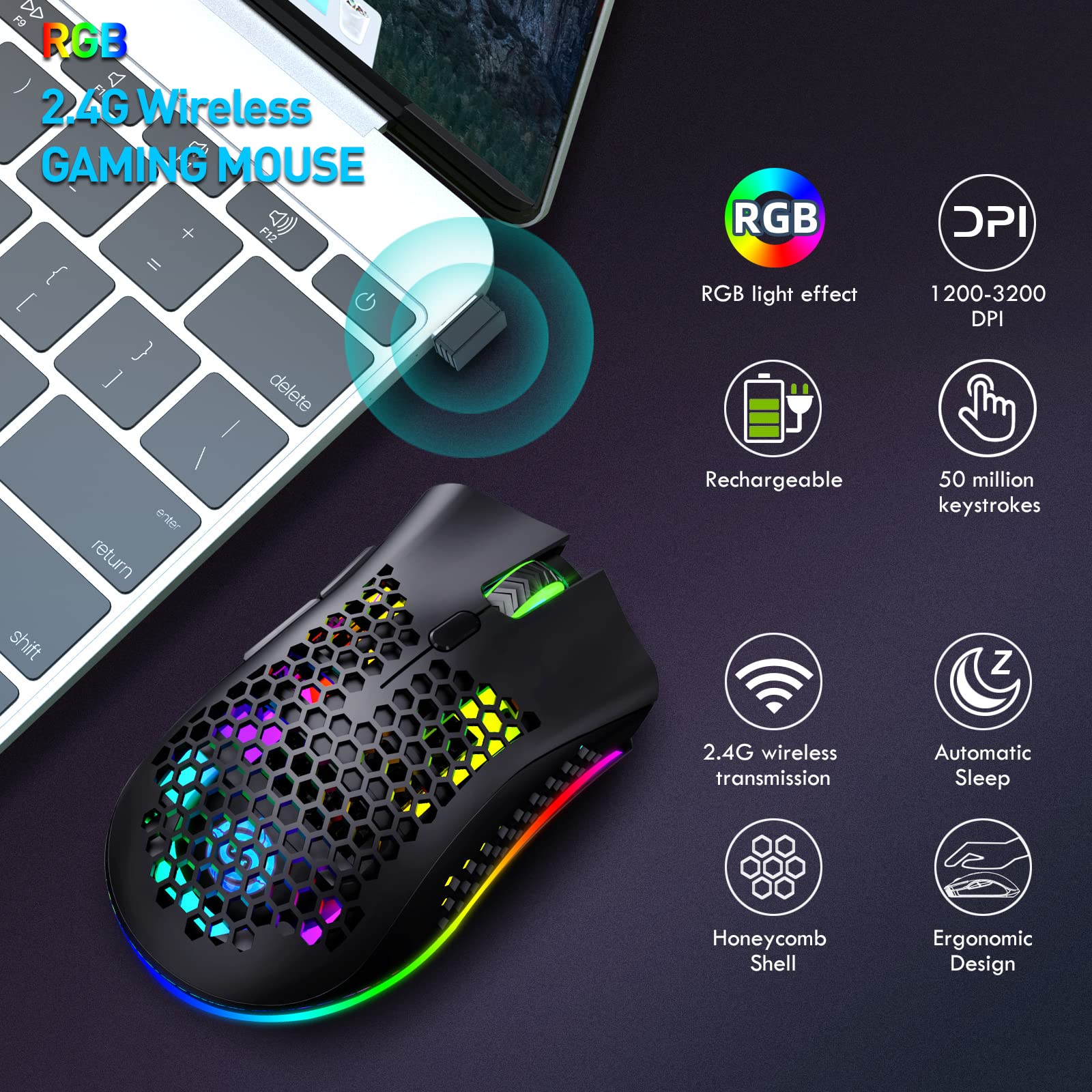 Kabellose Gaming Maus, Computermaus mit Wabenschale, 7 programmierte Tasten, 3 einstellbare DPI, USB-Empfänger, tragbare, ergonomische optische RGB- für Laptop PC/Mac, schwarz (Black) - Image 4