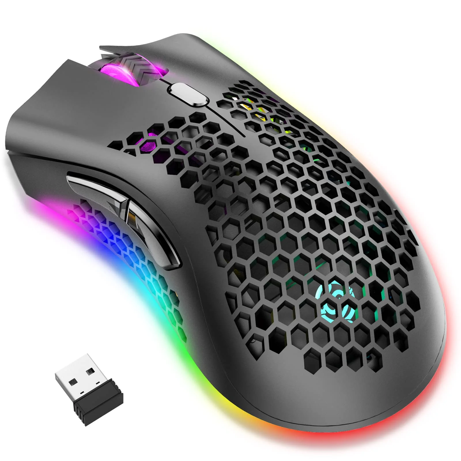 Kabellose Gaming Maus, Computermaus mit Wabenschale, 7 programmierte Tasten, 3 einstellbare DPI, USB-Empfänger, tragbare, ergonomische optische RGB- für Laptop PC/Mac, schwarz (Black) - Image 5