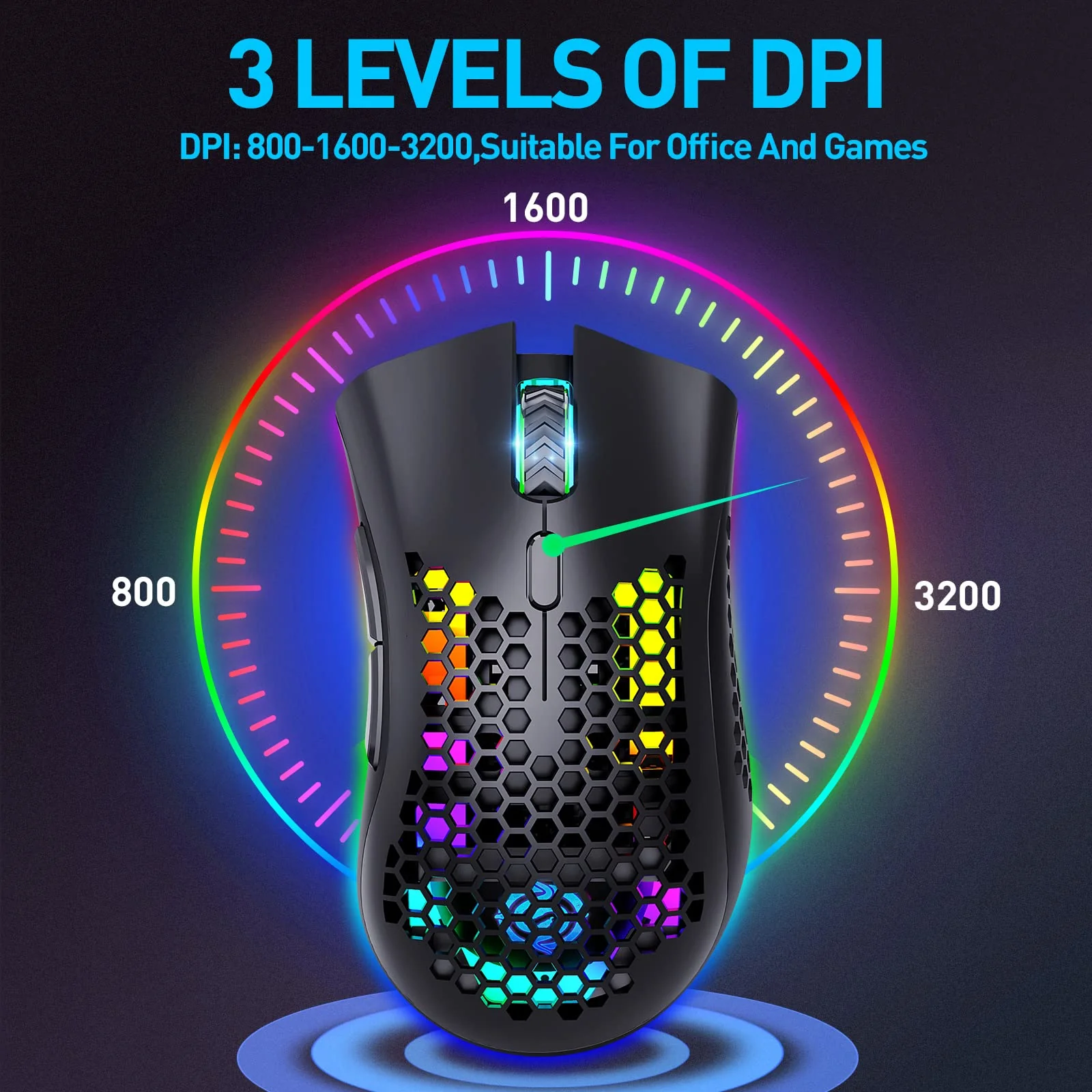 Kabellose Gaming Maus, Computermaus mit Wabenschale, 7 programmierte Tasten, 3 einstellbare DPI, USB-Empfänger, tragbare, ergonomische optische RGB- für Laptop PC/Mac, schwarz (Black) - Image 6