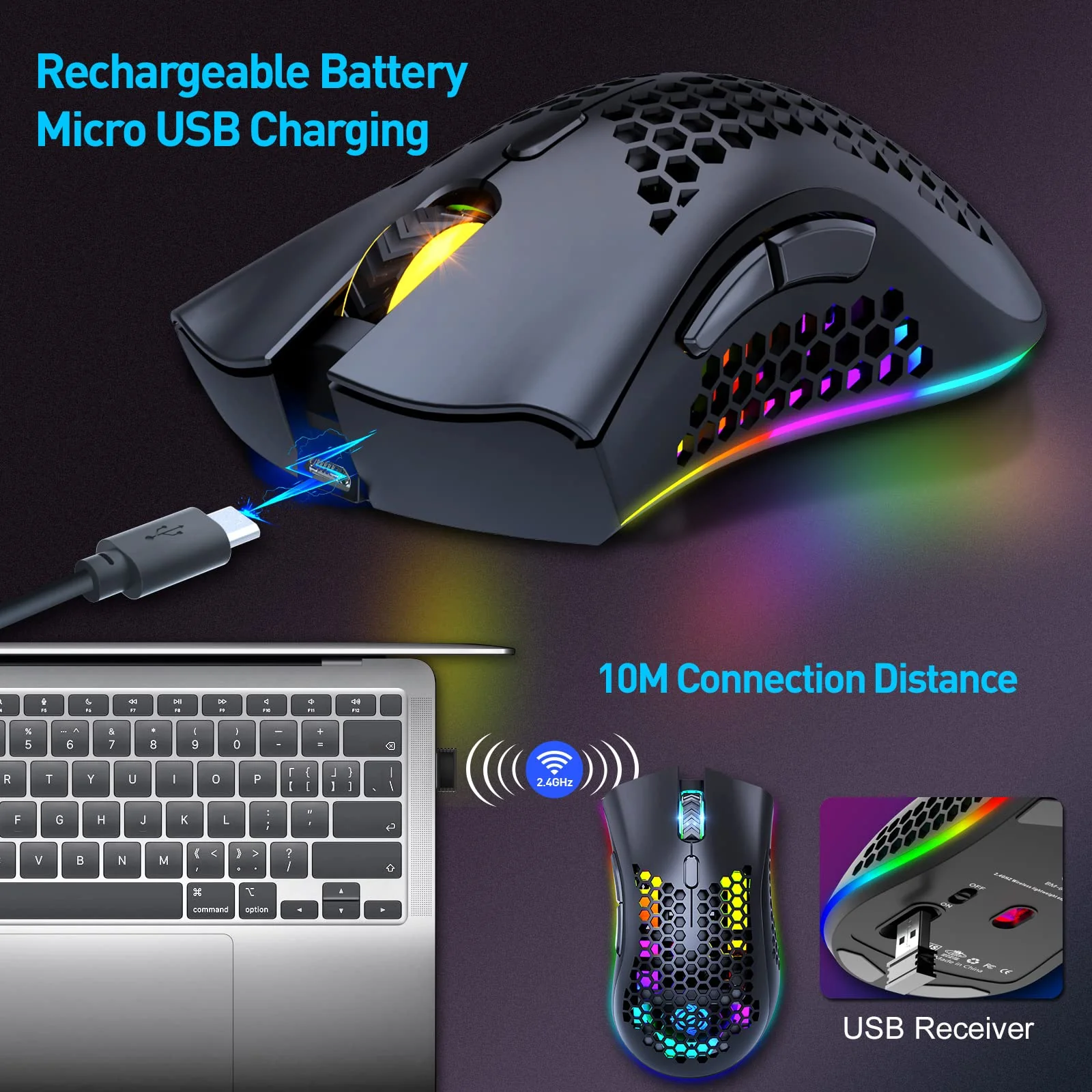 Kabellose Gaming Maus, Computermaus mit Wabenschale, 7 programmierte Tasten, 3 einstellbare DPI, USB-Empfänger, tragbare, ergonomische optische RGB- für Laptop PC/Mac, schwarz (Black) - Image 7