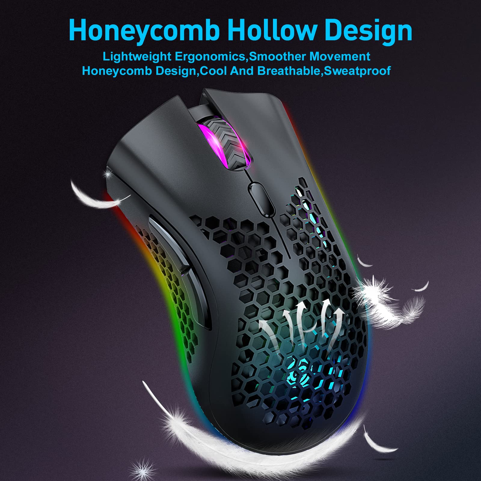Kabellose Gaming Maus, Computermaus mit Wabenschale, 7 programmierte Tasten, 3 einstellbare DPI, USB-Empfänger, tragbare, ergonomische optische RGB- für Laptop PC/Mac, schwarz (Black) - Image 8