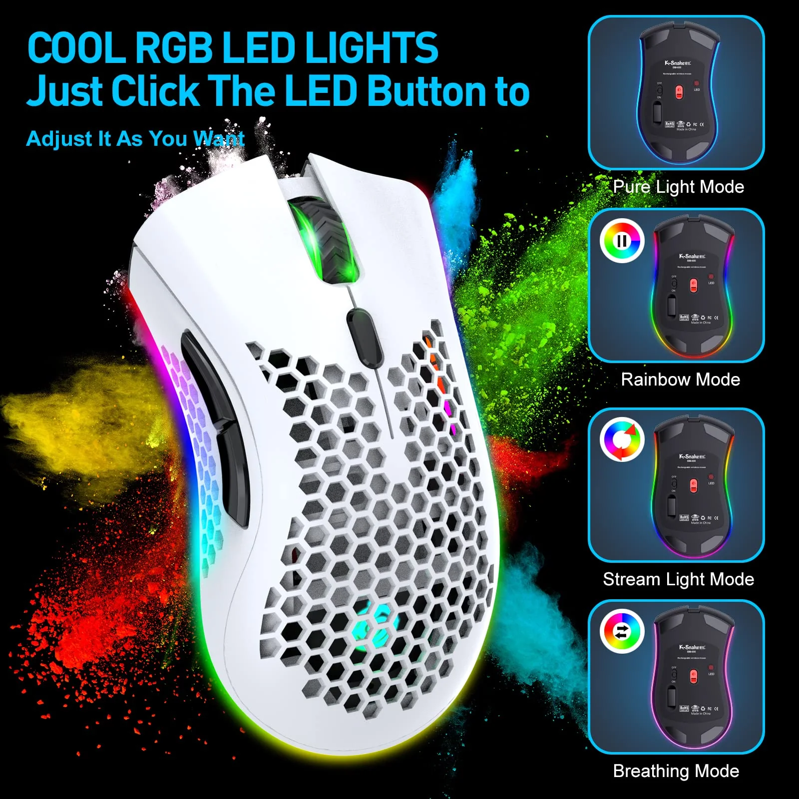 Kabellose Gaming Maus, Computermaus mit Wabenschale, 7 programmierte Tasten, 3 einstellbare DPI, USB-Empfänger, tragbare, ergonomische optische RGB- für Laptop PC/Mac, schwarz (White)