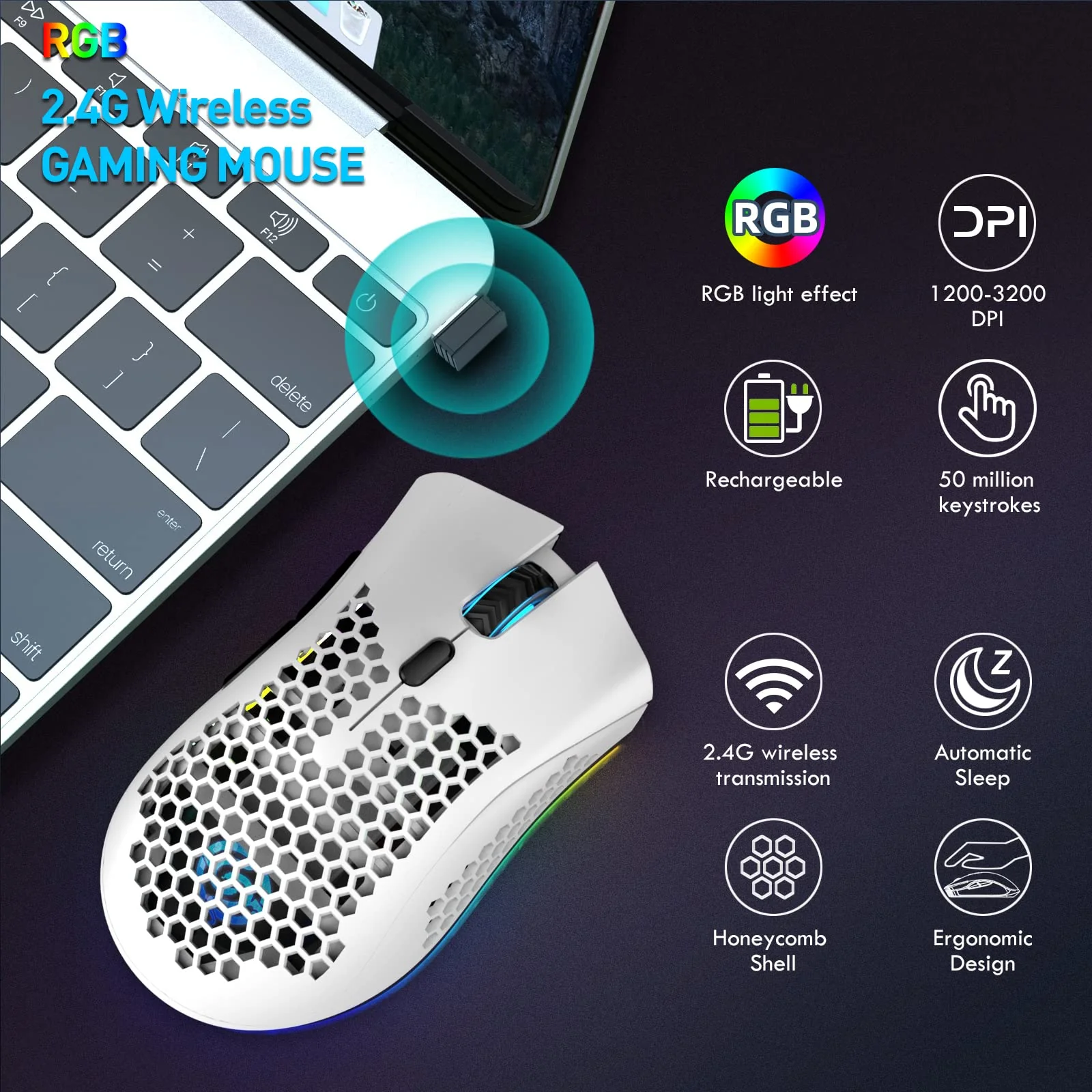 Kabellose Gaming Maus, Computermaus mit Wabenschale, 7 programmierte Tasten, 3 einstellbare DPI, USB-Empfänger, tragbare, ergonomische optische RGB- für Laptop PC/Mac, schwarz (White) - Image 2