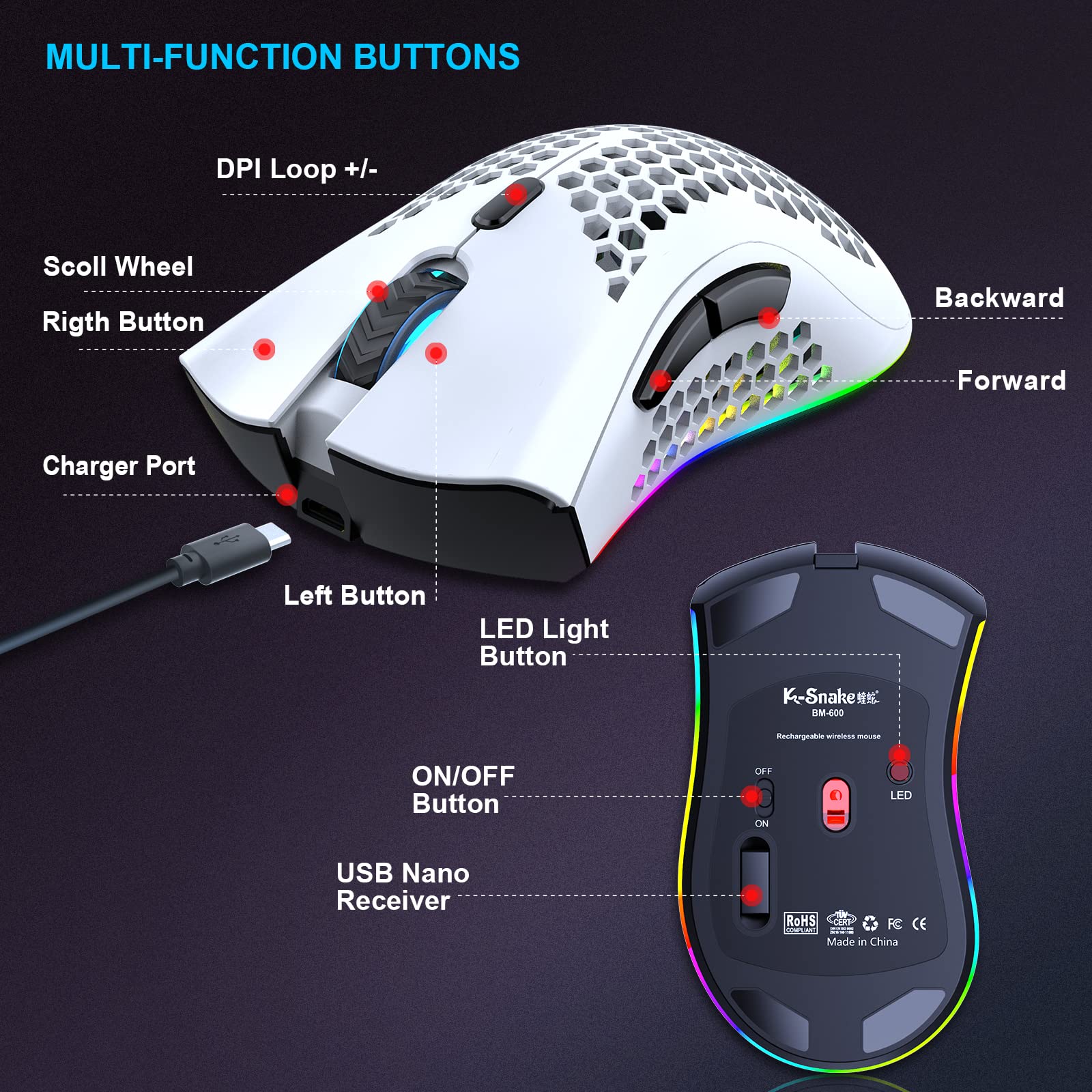 Kabellose Gaming Maus, Computermaus mit Wabenschale, 7 programmierte Tasten, 3 einstellbare DPI, USB-Empfänger, tragbare, ergonomische optische RGB- für Laptop PC/Mac, schwarz (White) - Image 8