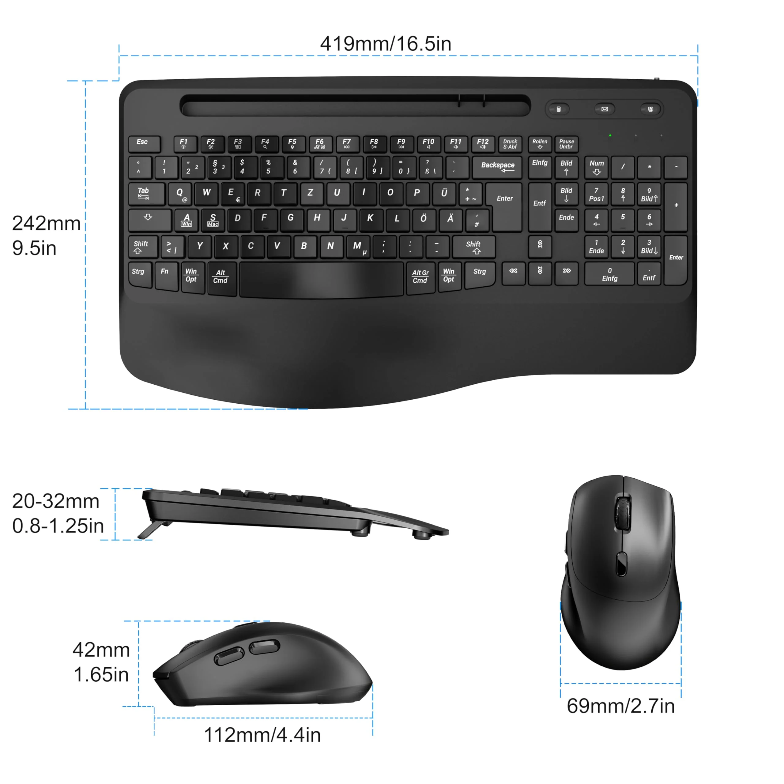 Kabelloses Ergonomisches Tastatur und Maus Set, Moojay 2,4G Wiederaufladbares Quiet Wave Tastatur und Maus Set in Voller Größe mit Handballenauflage und Telefonhalter für Laptop/PC/Mac/Windows–Schwarz - Image 2