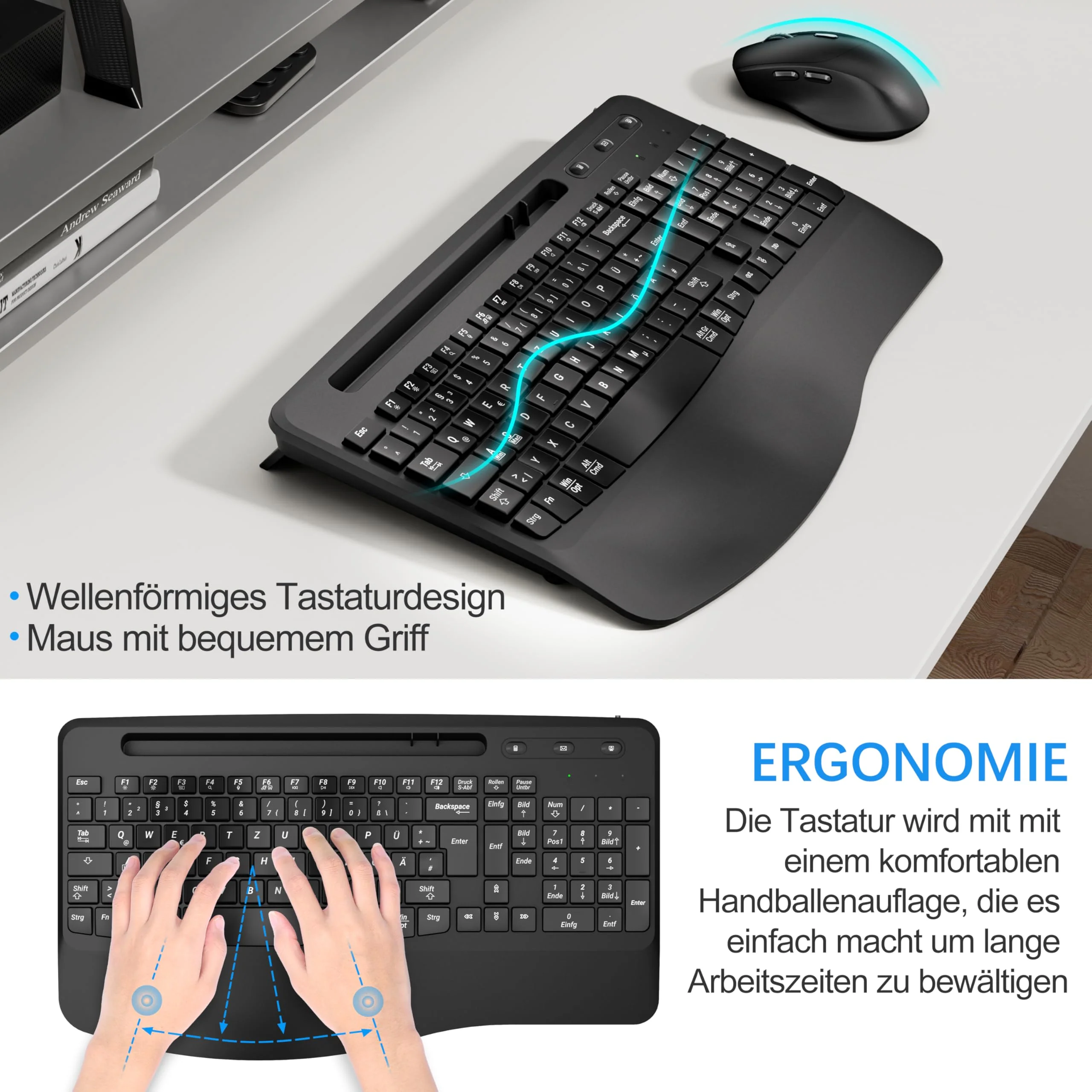 Kabelloses Ergonomisches Tastatur und Maus Set, Moojay 2,4G Wiederaufladbares Quiet Wave Tastatur und Maus Set in Voller Größe mit Handballenauflage und Telefonhalter für Laptop/PC/Mac/Windows–Schwarz - Image 4