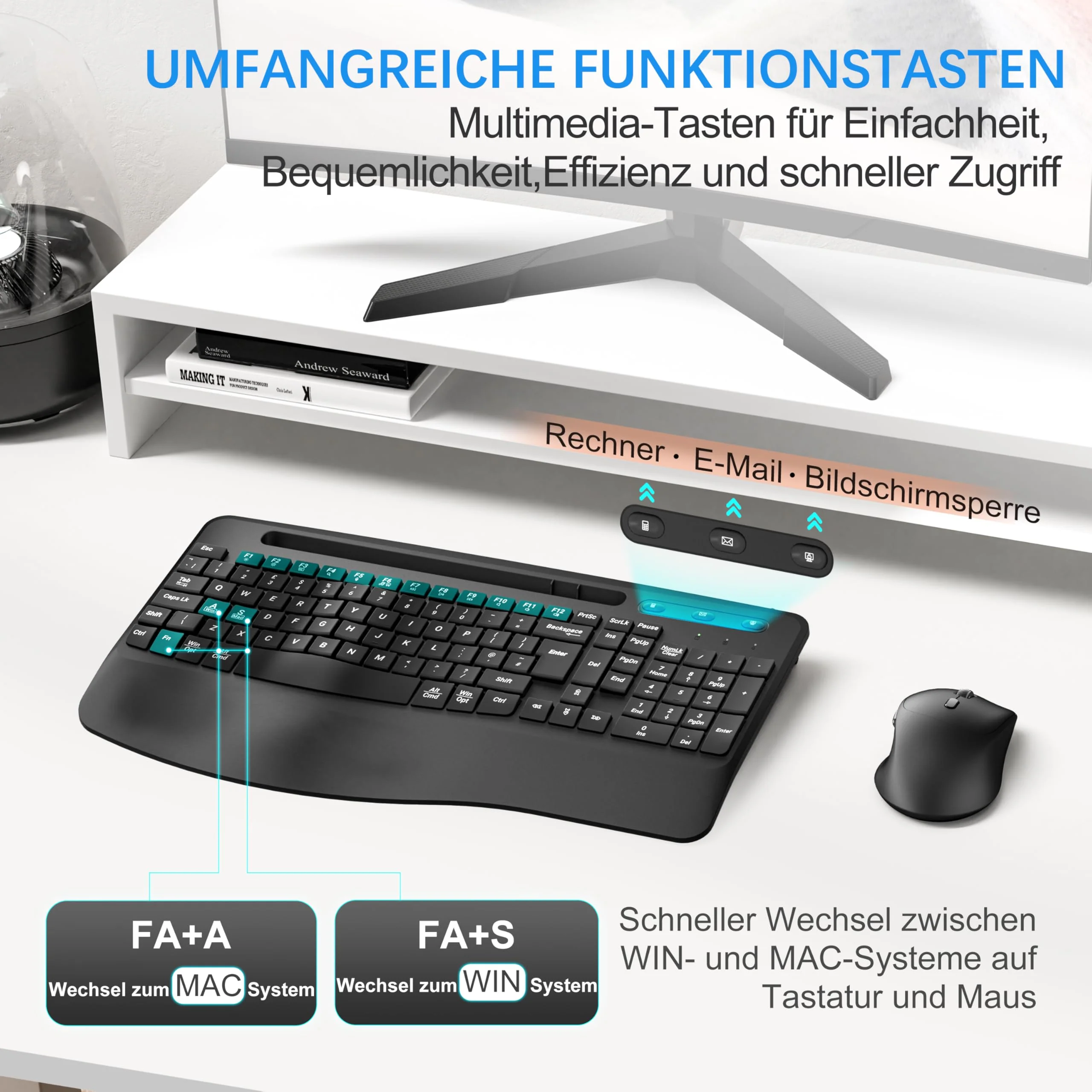Kabelloses Ergonomisches Tastatur und Maus Set, Moojay 2,4G Wiederaufladbares Quiet Wave Tastatur und Maus Set in Voller Größe mit Handballenauflage und Telefonhalter für Laptop/PC/Mac/Windows–Schwarz - Image 5