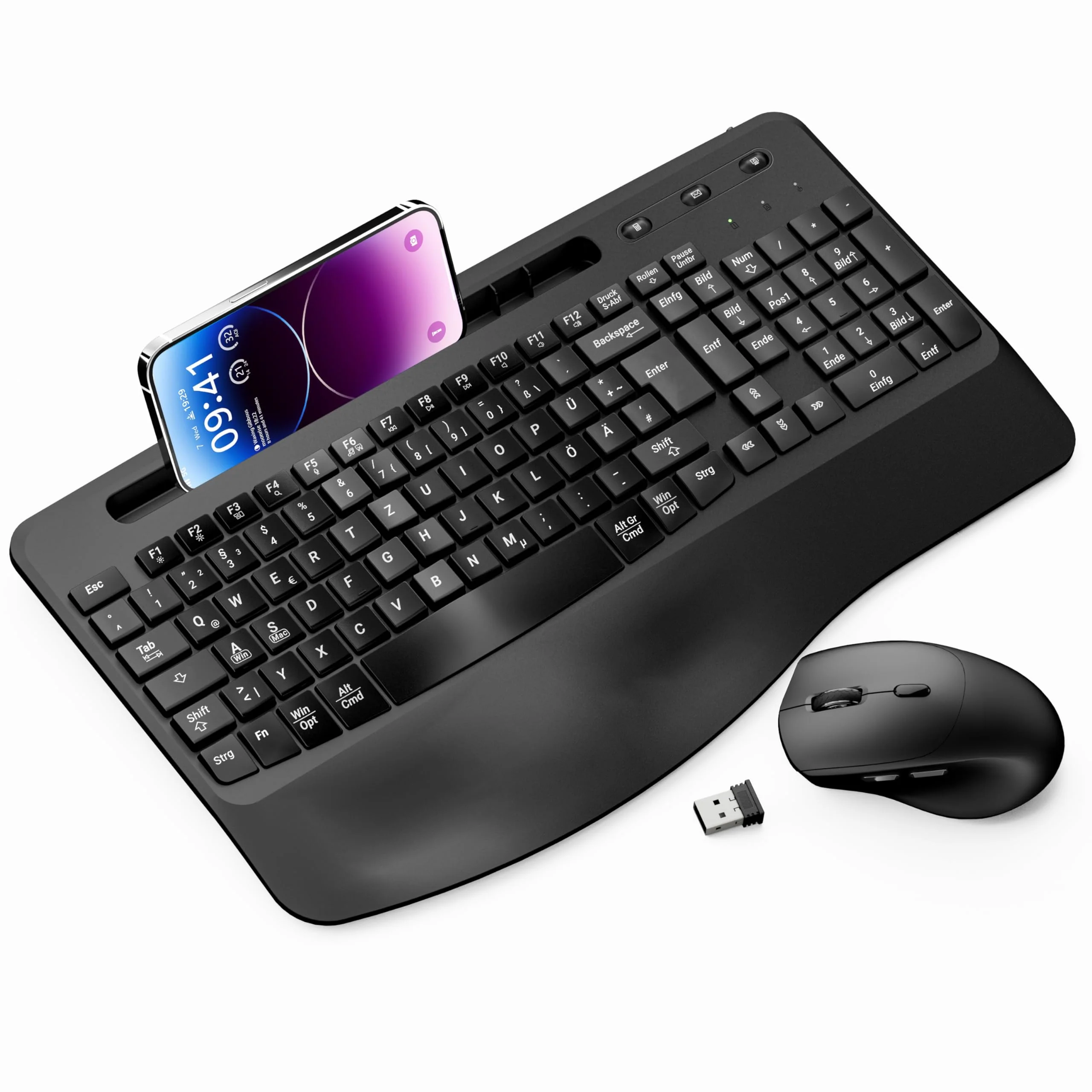 Kabelloses Ergonomisches Tastatur und Maus Set, Moojay 2,4G Wiederaufladbares Quiet Wave Tastatur und Maus Set in Voller Größe mit Handballenauflage und Telefonhalter für Laptop/PC/Mac/Windows–Schwarz - Image 6