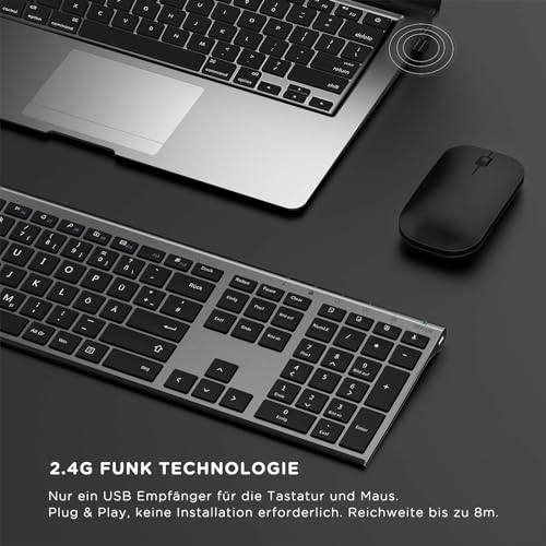 Kabelloses Tastatur Maus Set, seenda 2.4G Ultraflach Wireless Tastatur und Maus Aufladbar aus Aluminium, Deutsch QWERTZ Funktastatur Dünn für Windows/PC, Computer, Laptop, Smart-TV, Grau und Schwarz - Image 3