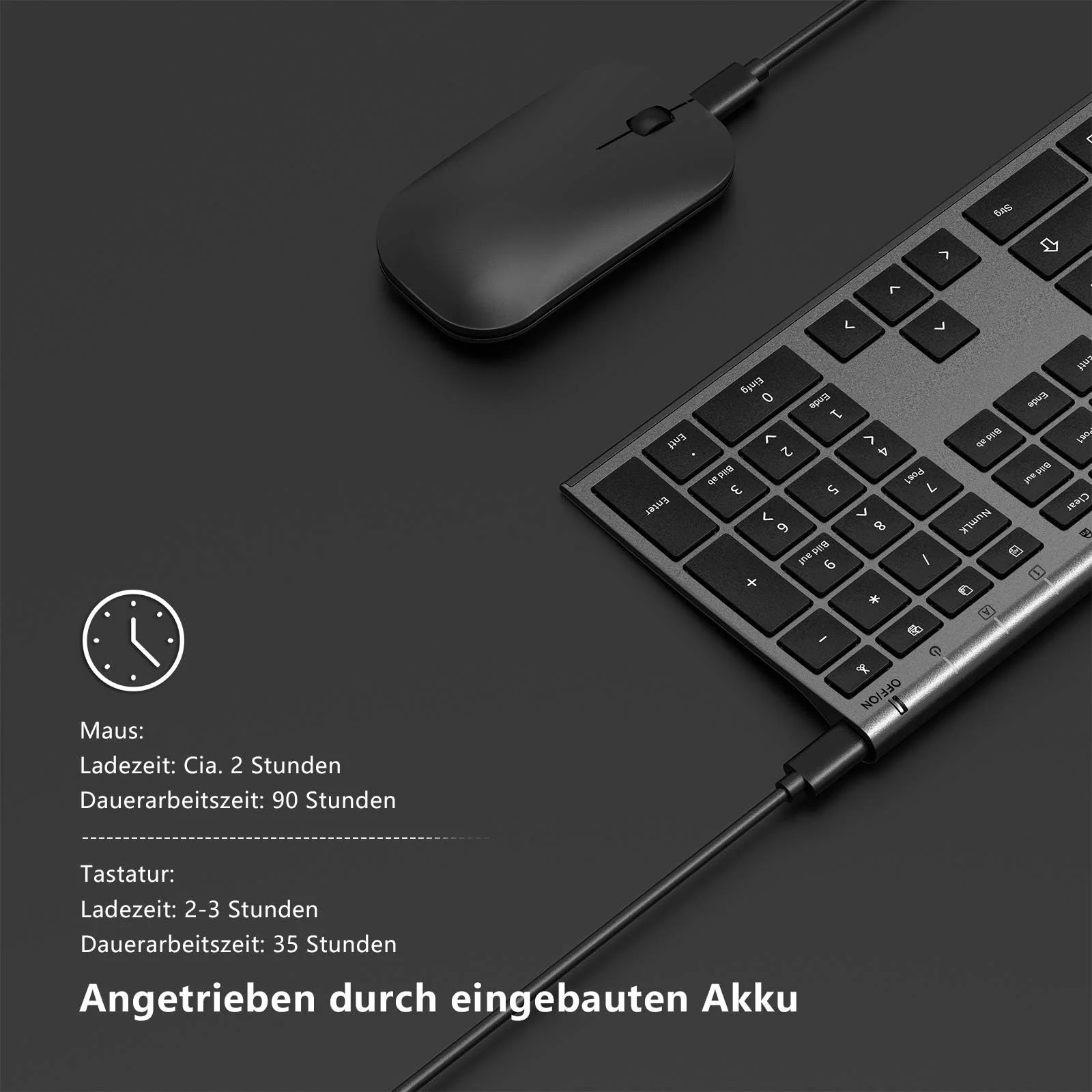 Kabelloses Tastatur Maus Set, seenda 2.4G Ultraflach Wireless Tastatur und Maus Aufladbar aus Aluminium, Deutsch QWERTZ Funktastatur Dünn für Windows/PC, Computer, Laptop, Smart-TV, Grau und Schwarz - Image 6