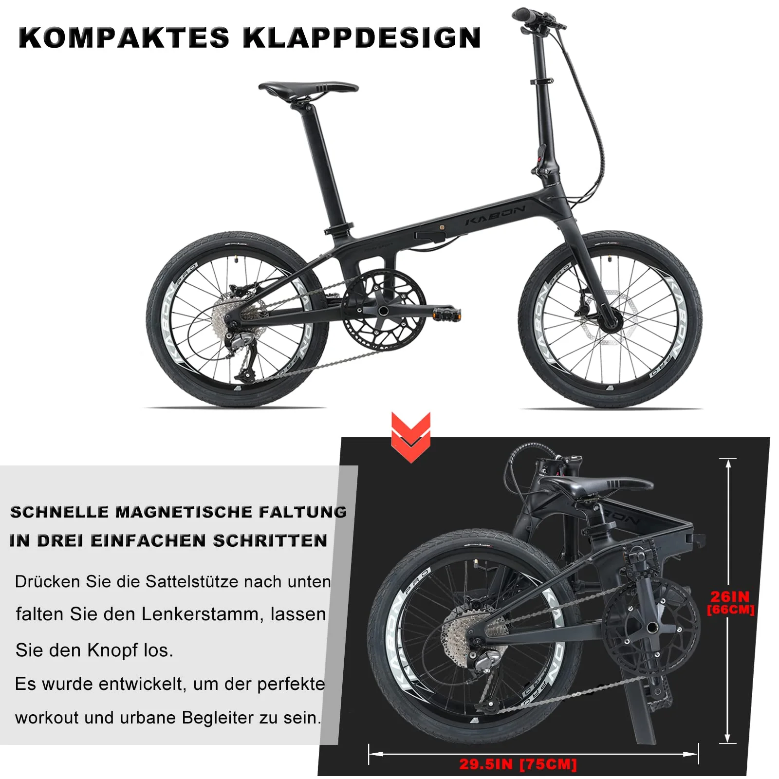 KABON Klapprad 20 Zoll Carbon, 9 Geschwindigkeit Faltrad mit Carbon Rahmen Ultraleichtes Mini Stadtfahrrad Faltrad Klapprad Herren Damen (Neu Schwarz) - Image 8