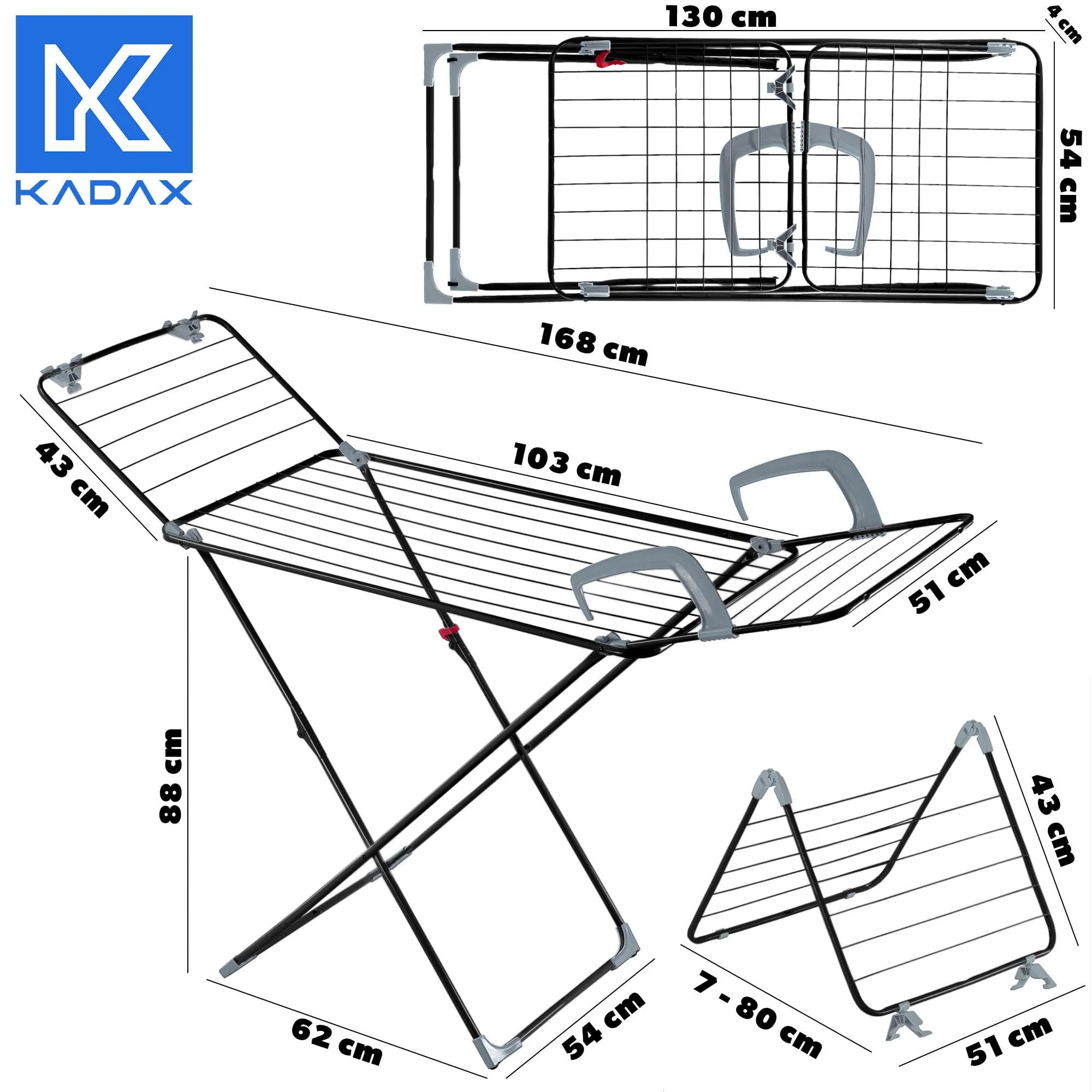 KADAX Wäscheständer 3in1, Standtrockner mit Rädern, Wäschetrockner für Heizung und Badewanne, Flügelwäschetrockner mit 18m Trockenfläche (Schwarz) - Image 3