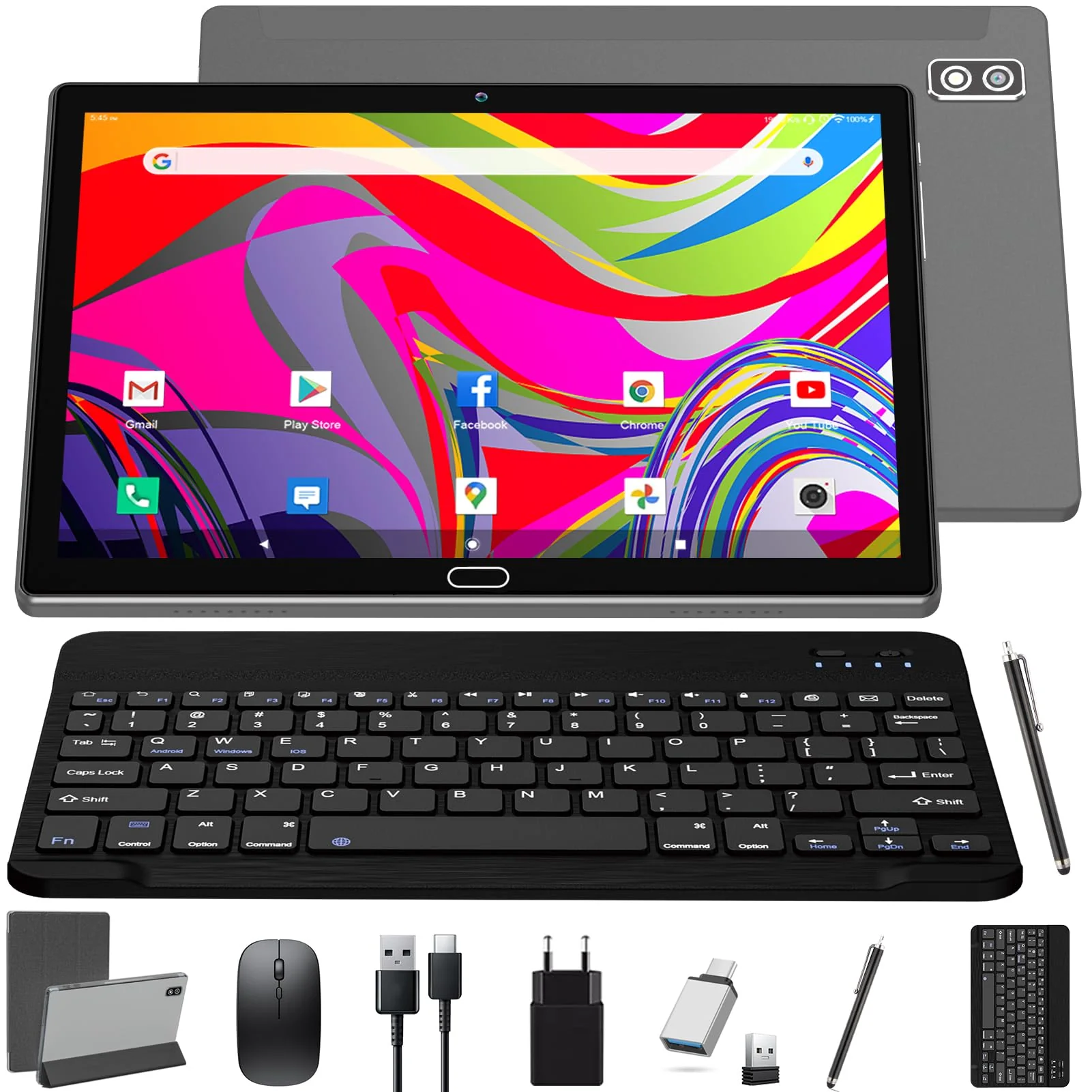 KADYBE 2025 Neueste Android Tablet 10 Zoll,2-in-1 Tablet Mit 2 SIM Slots 1 SD, 64GB ROM TF 512GB,Octa-Core,Tablets PC mit Tastatur Maus Schutzhülle,1080 LCD,5MP+13MP,WiFi GPS OTG-Typ C(Grau)
