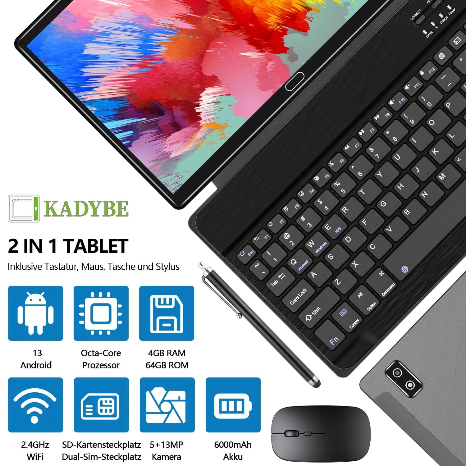 KADYBE 2025 Neueste Android Tablet 10 Zoll,2-in-1 Tablet Mit 2 SIM Slots 1 SD, 64GB ROM TF 512GB,Octa-Core,Tablets PC mit Tastatur Maus Schutzhülle,1080 LCD,5MP+13MP,WiFi GPS OTG-Typ C(Grau) - Image 7