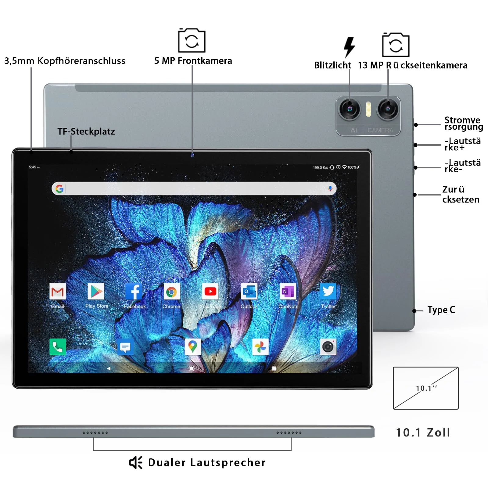 KADYBE Android 14 Tablet 10 Zoll, 64GB ROM (1TB TF),Tablet mit Tastatur Maus Stift, WLAN 6 Tablett PC | Octa-Core | Google GMS | 5+13 MP | 7000 mAh | 1080FHD | GPS- Grau - Image 4