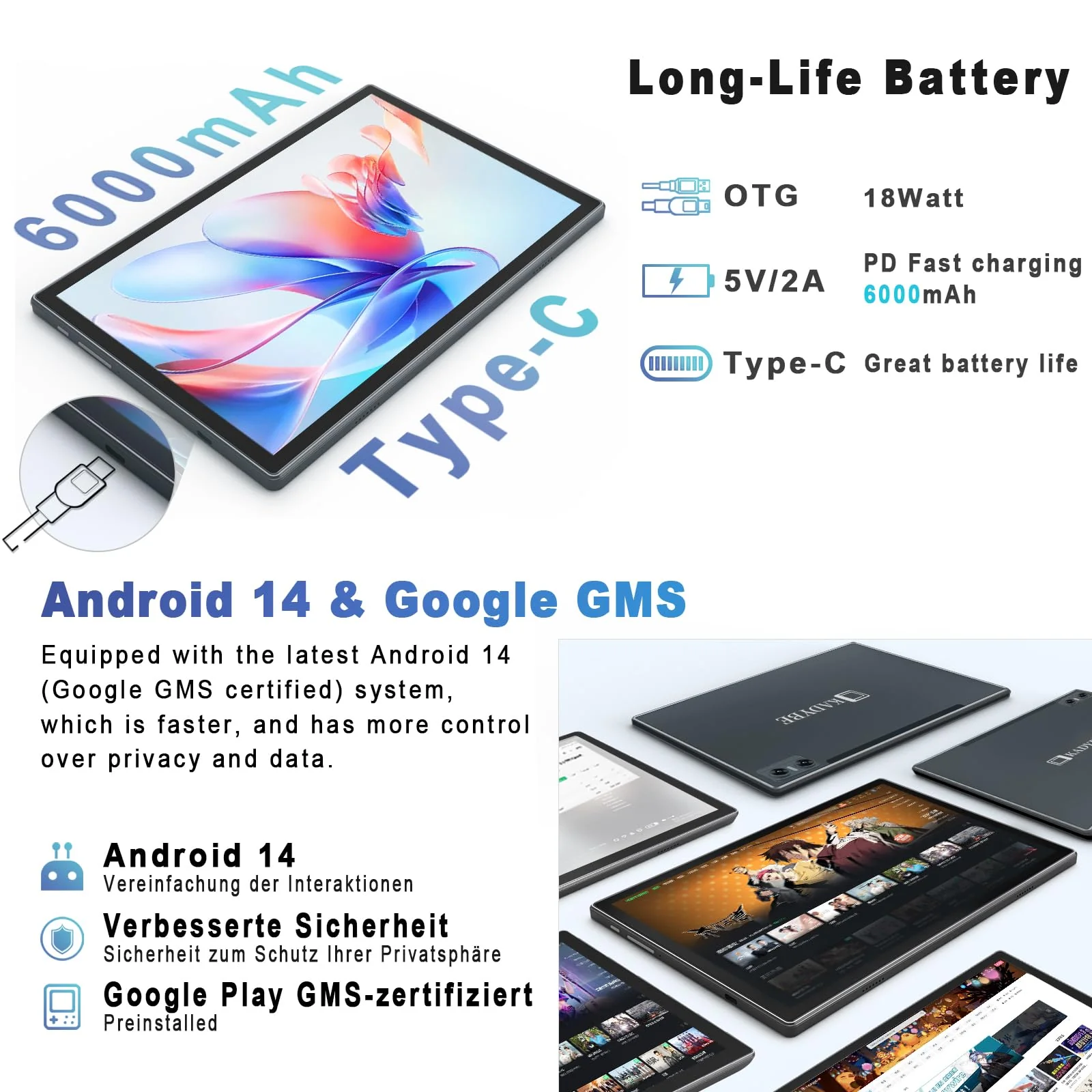 KADYBE Android 14 Tablet 10 Zoll, 64GB ROM (1TB TF),Tablet mit Tastatur Maus Stift, WLAN 6 Tablett PC | Octa-Core | Google GMS | 5+13 MP | 7000 mAh | 1080FHD | GPS- Grau - Image 7