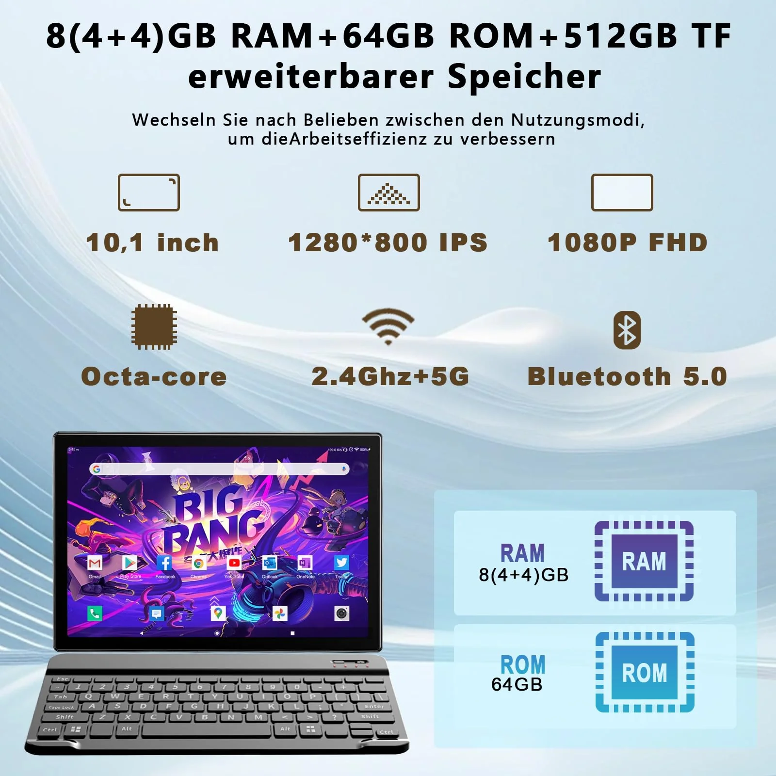KADYBE Android 14 Tablet 10 Zoll, 64GB ROM (1TB TF),Tablet mit Tastatur Maus Stift, WLAN 6 Tablett PC | Octa-Core | Google GMS | 5+13 MP | 7000 mAh | 1080FHD | GPS- Grau - Image 8