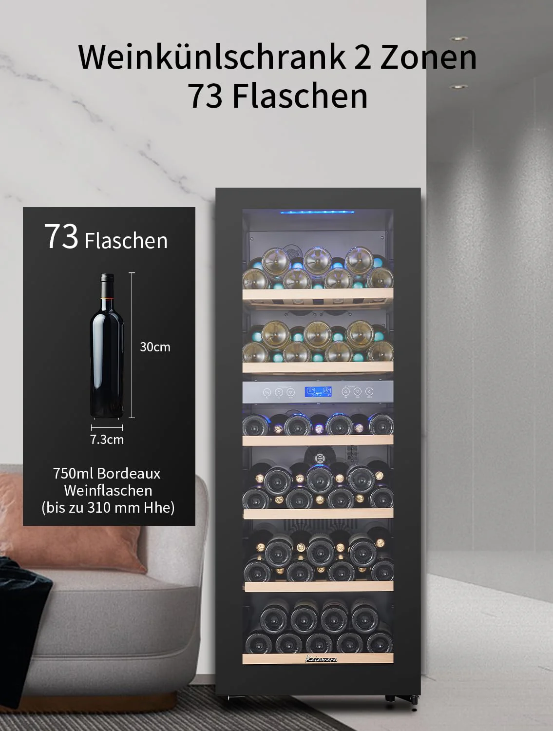 Kalamera Weinkühlschrank 2 Zonen für 73 Flaschen, Schwarz, 200 Liter, KRC-200BFG - Image 5