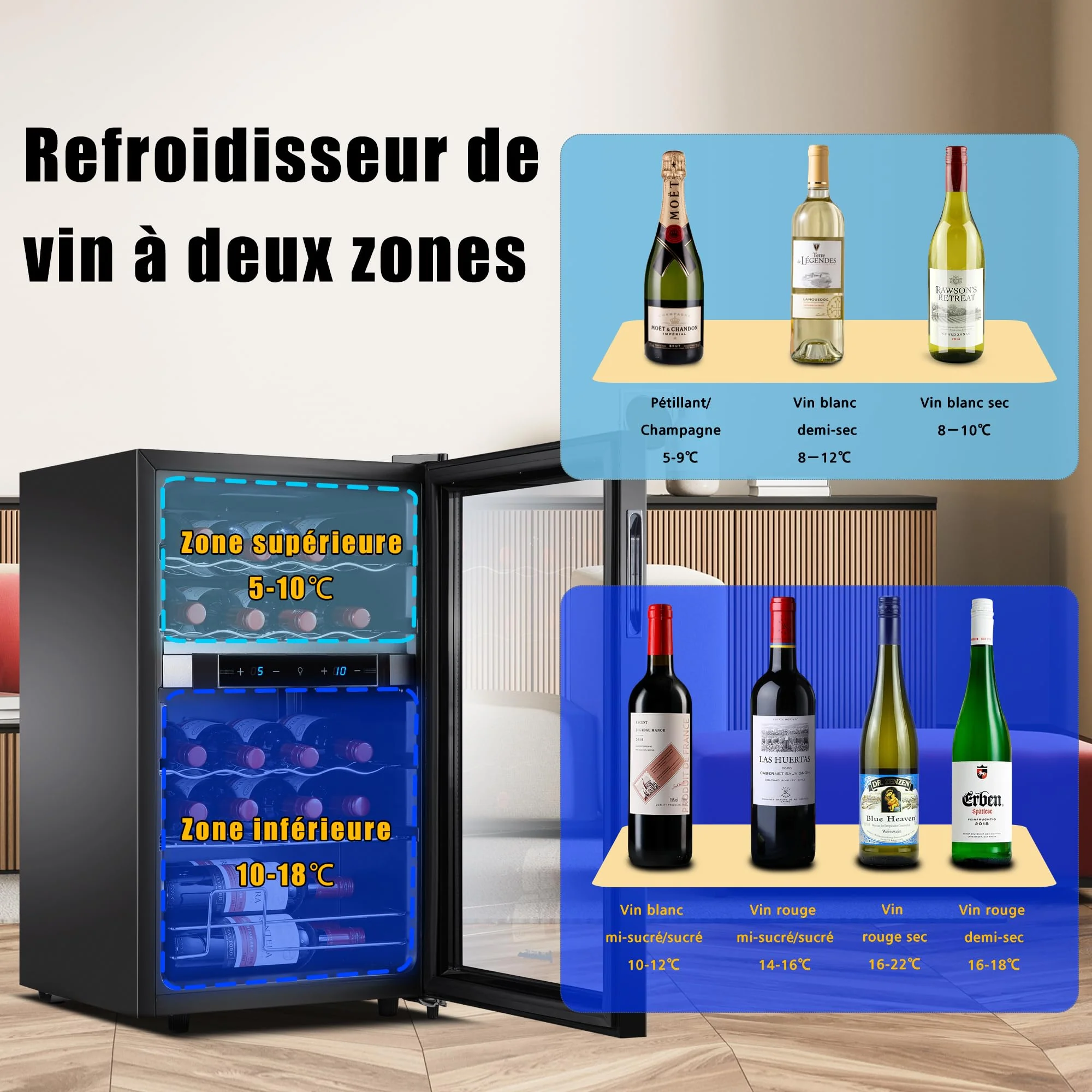 Kalamera Weinkühlschrank 2 Zonen, Touch-Bedienfeld,Schwarze Glastür, Verdeckter Griff, Flaschenkühlschrank 20 Flaschen, 68Liter, 5-18°C Kühlzone, KRC-68BFG - Image 12