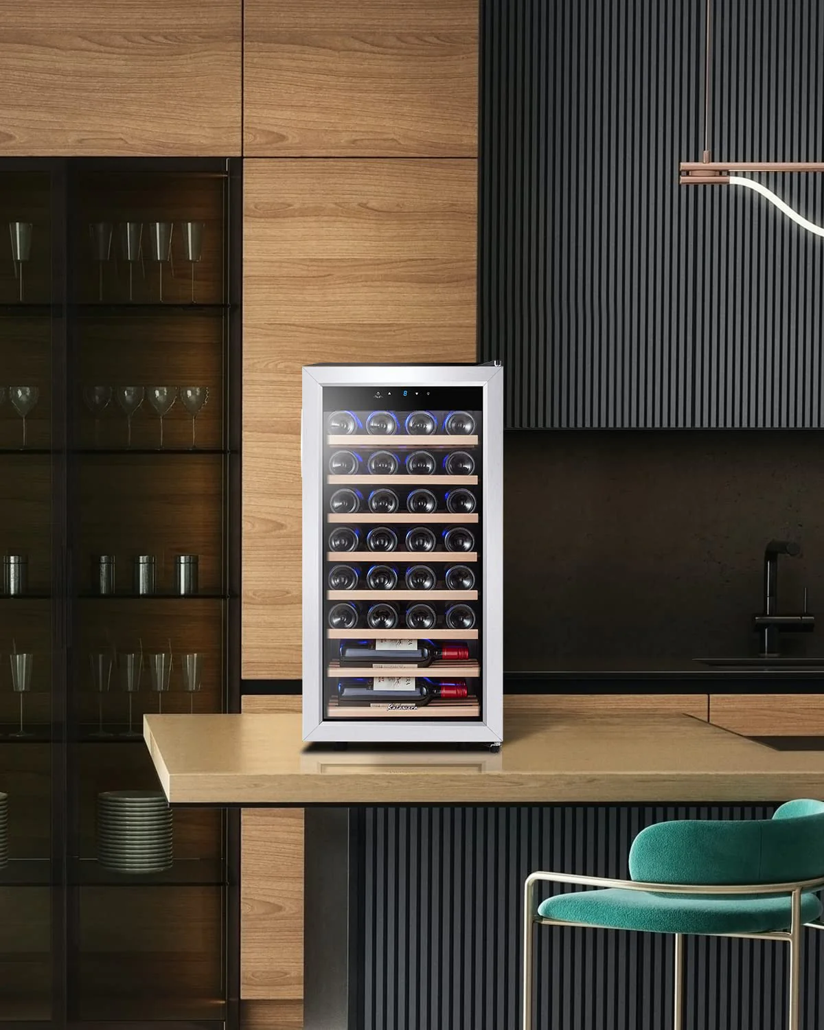 Kalamera Weinkühlschrank, 28 Flaschen 86 Liter, Touch-Bedienfeld, Edelstahl Glastür, 5-18°C Kühlzone, Abnehmbar Holzauflagen, KRC-86FCSS-W - Image 3