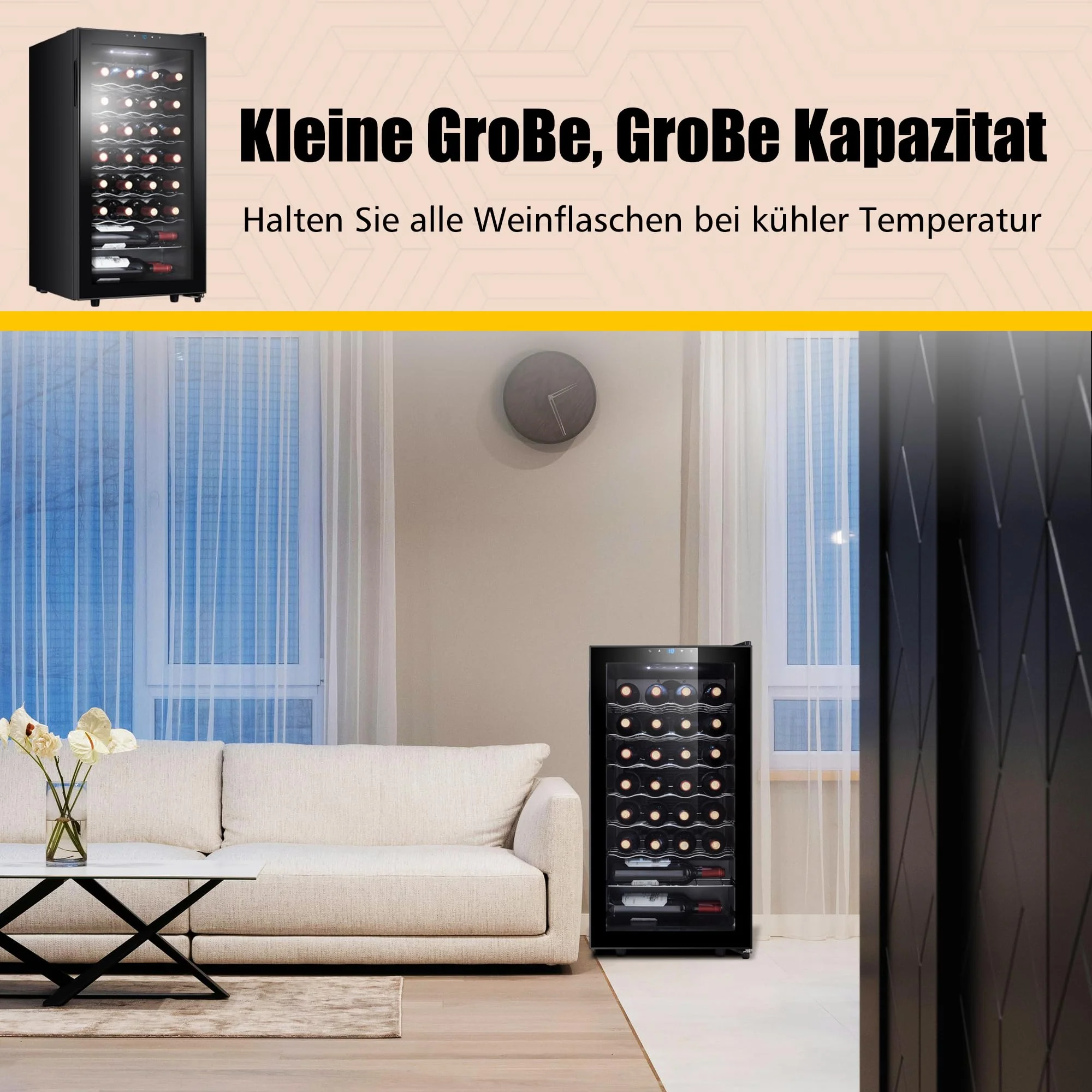 Kalamera Weinkühlschrank, 28 Flaschen 86 Liter, Touch-Bedienfeld, Schwarze Glastür, Verdeckter Griff, 5-18°C Kühlzone, Herausnehmbare Eisenböden, KRC-86FCSS-B - Image 4