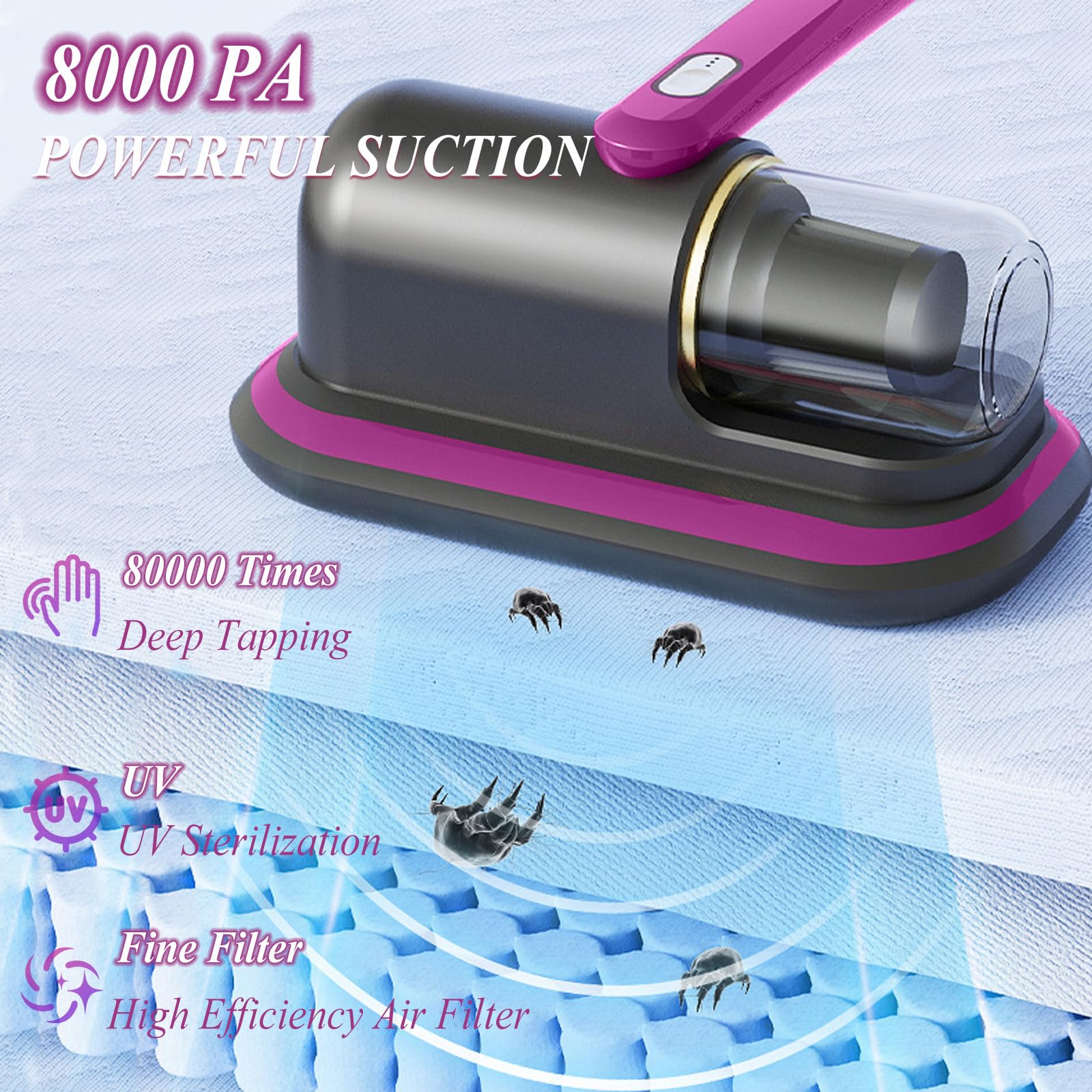 Kamanan Milbensauger mit UV Licht,Handstaubsauger Kabellos,Milbensauger für Matratzen,Tragbarer Kabelloser Matratzenstaubsauger,Milbensauger für Matratzen,Sofa - Image 3