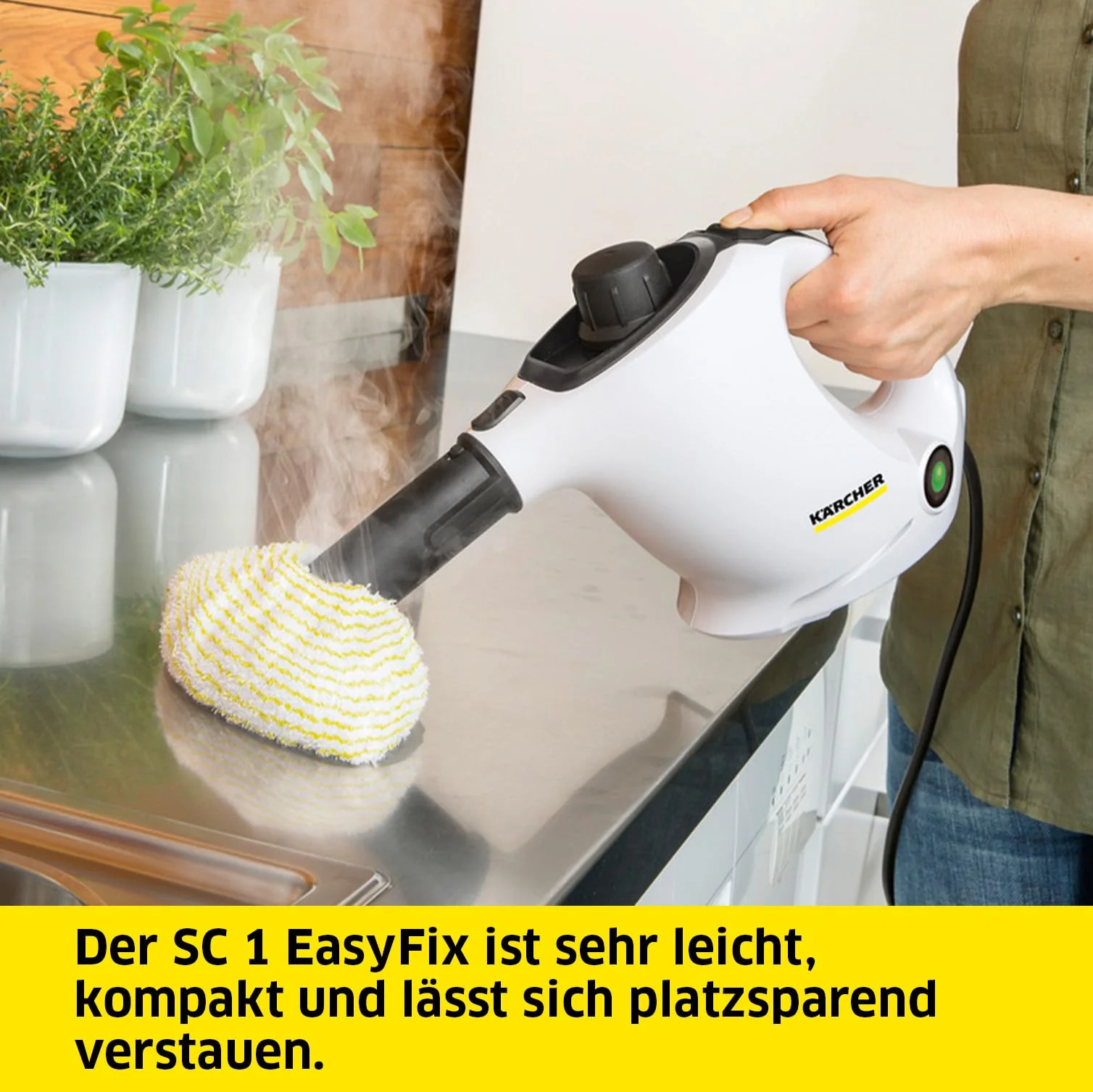 Kärcher Dampfreiniger SC 1 EasyFix, Dampfdruck: 3 bar, Aufheizzeit: 3 min., Leistung: 1.200 W, Flächenleistung: 20 m², Tank: 200 ml, mit Bodenreinigungsset EasyFix, Düsen und Mikrofaserbezug, Weiss - Image 5