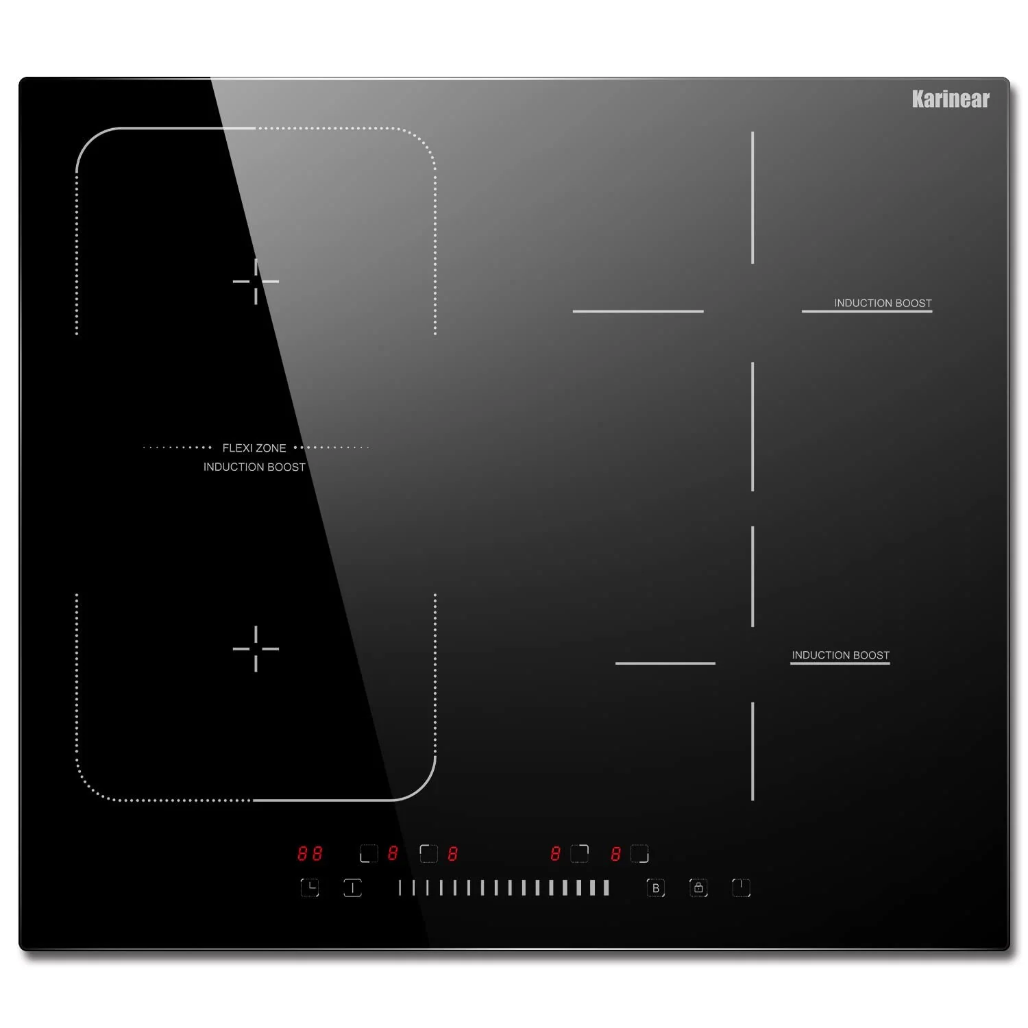 Karinear Induktionskochfeld 60 cm Flexzonen, 4-Zonen-Elektrokochfeld Einbau mit Flexzone, Schieberegler, Boost-Funktion und Timer, 7200 W, 220V-240V, kein Stecker