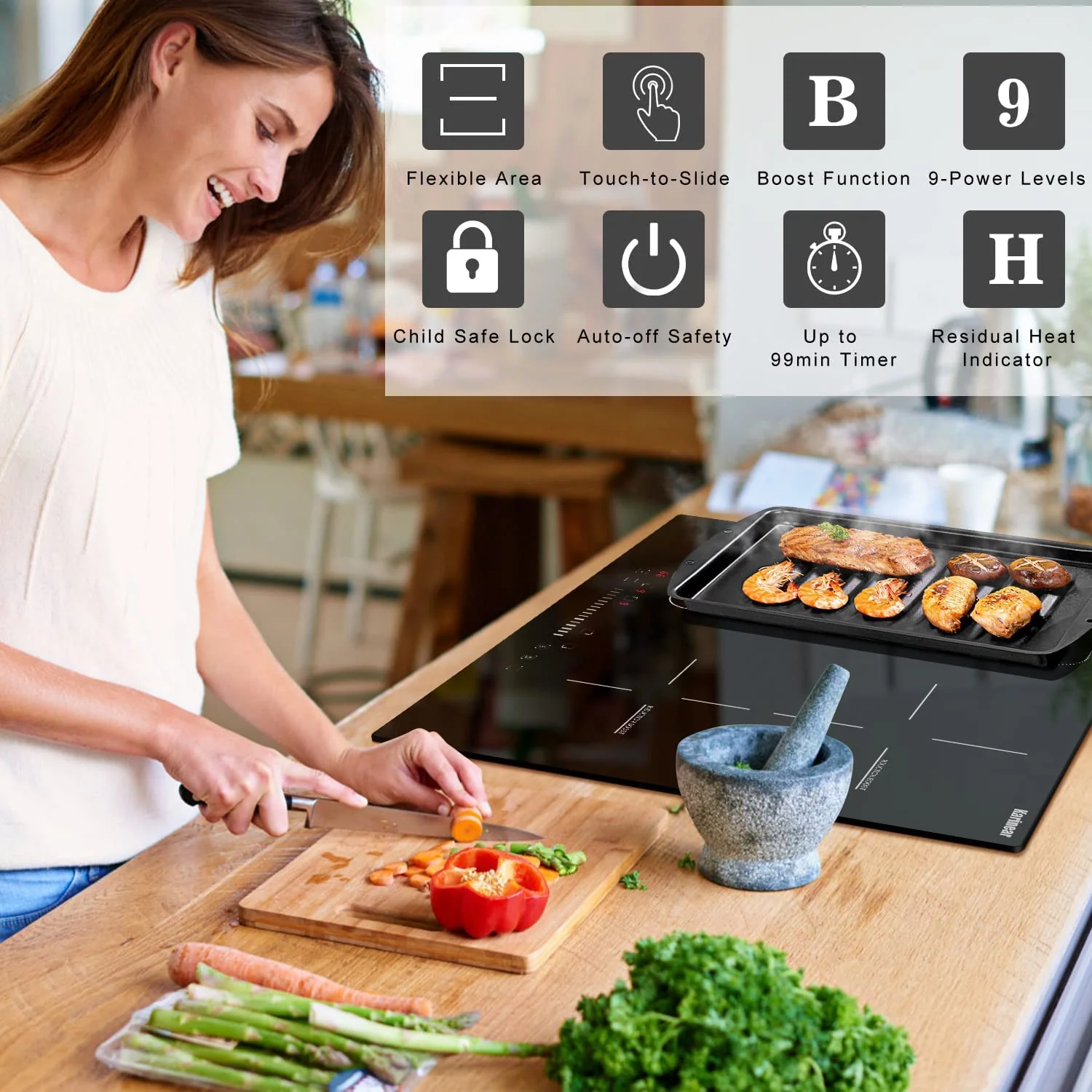 Karinear Induktionskochfeld 60 cm Flexzonen, 4-Zonen-Elektrokochfeld Einbau mit Flexzone, Schieberegler, Boost-Funktion und Timer, 7200 W, 220V-240V, kein Stecker - Image 6