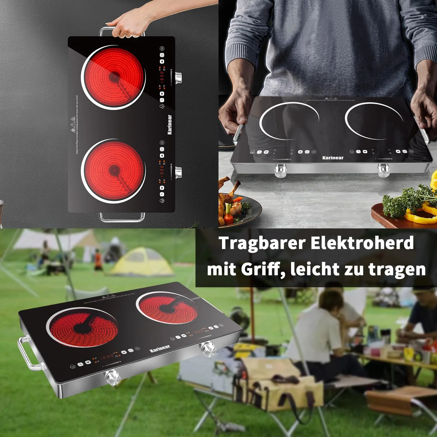Karinear Keramikkochfeld 2 Platten Tragbar mit Griff, 650 °C Max, Glaskeramik Kochplatte 2er Freistehend, Herdplatte 2 Kochfelder mit Stecker, Timer, Kindersicherung, Restwärmeanzeige, 220-240V, 3200W
