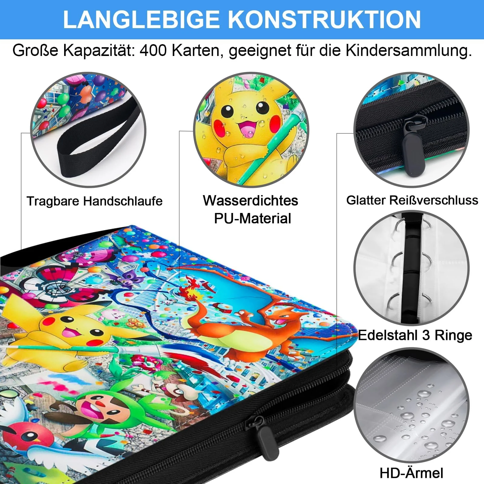 Karten Sammelalbum für Pokemon Karten,400 Karten Reißverschluss Sammelheft, 4-Taschen Sammelbuch,PU-Leder, wasserdicht,Sammelordner für Sammler - Image 4