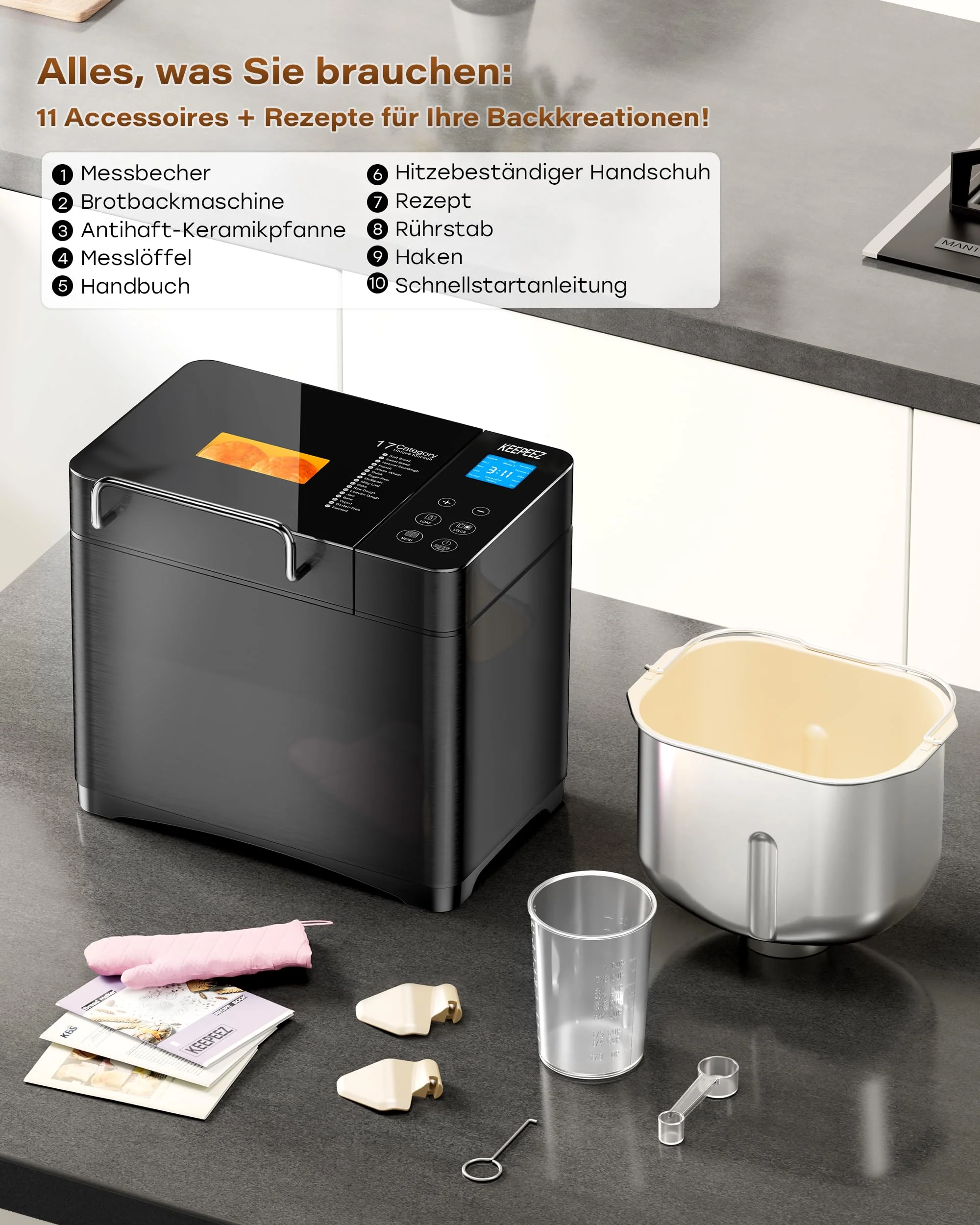KEEPEEZ Pro 17-in-1 Vollautomatische Edelstahl Brotbackautomat mit Gesundem Keramik-Brotpfanne, 710W Konvektions-Brotmaschine, 1kg-Kapazität, Automatischem Nuss-Dispenser, Intelligentes Touchpanel - Image 2